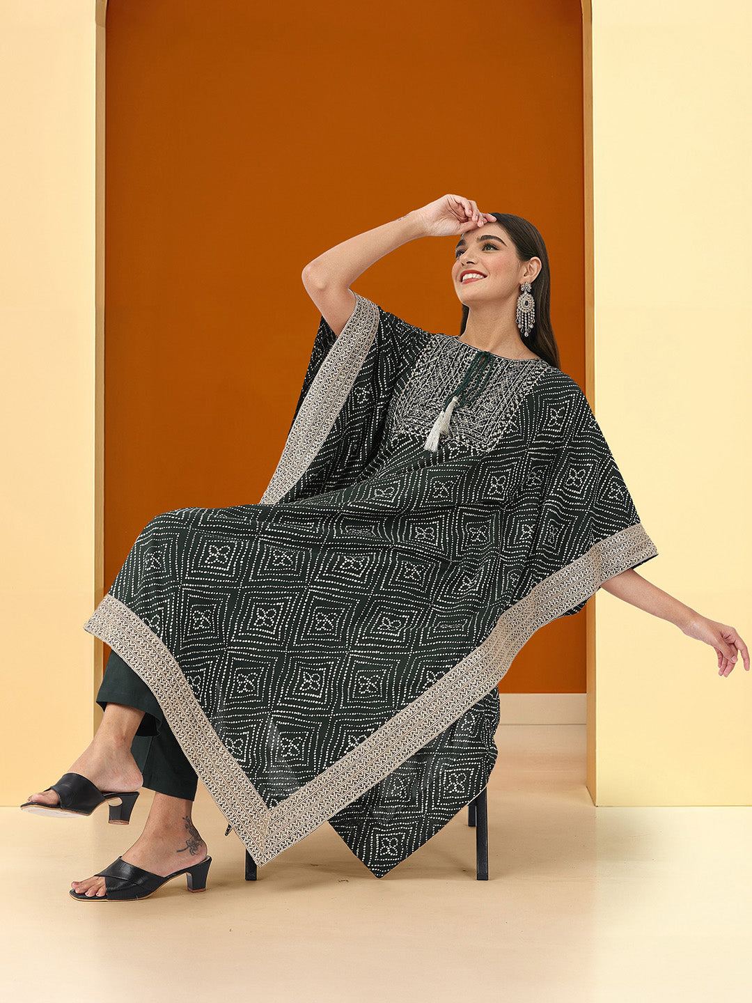 Comfy Green Rayon printed Kaftan fusion set
