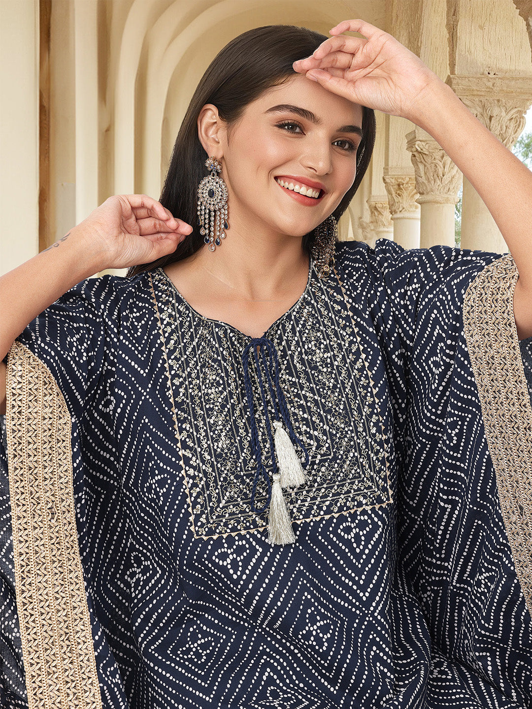 Graceful Navy Blue cotton bandhani printed with zari embroidery kaftan fit kurta set