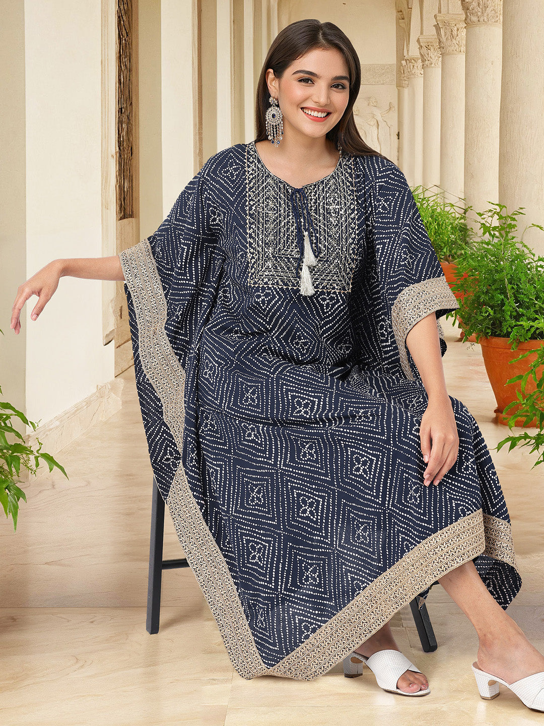 Graceful Navy Blue cotton bandhani printed with zari embroidery kaftan fit kurta set