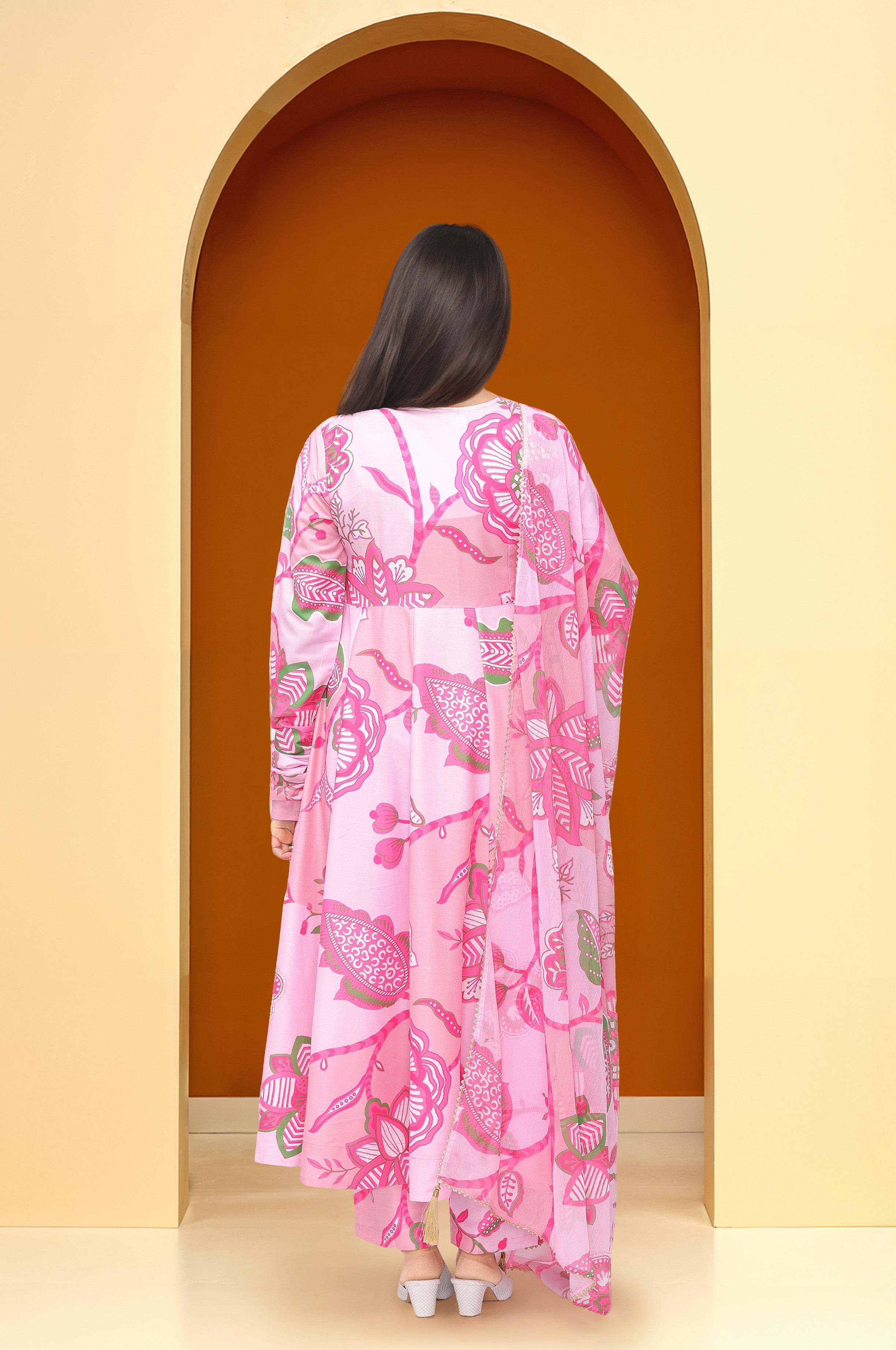Soft Pink Chinon Floral Printed Fit and Flare Kurta Set with dupatta