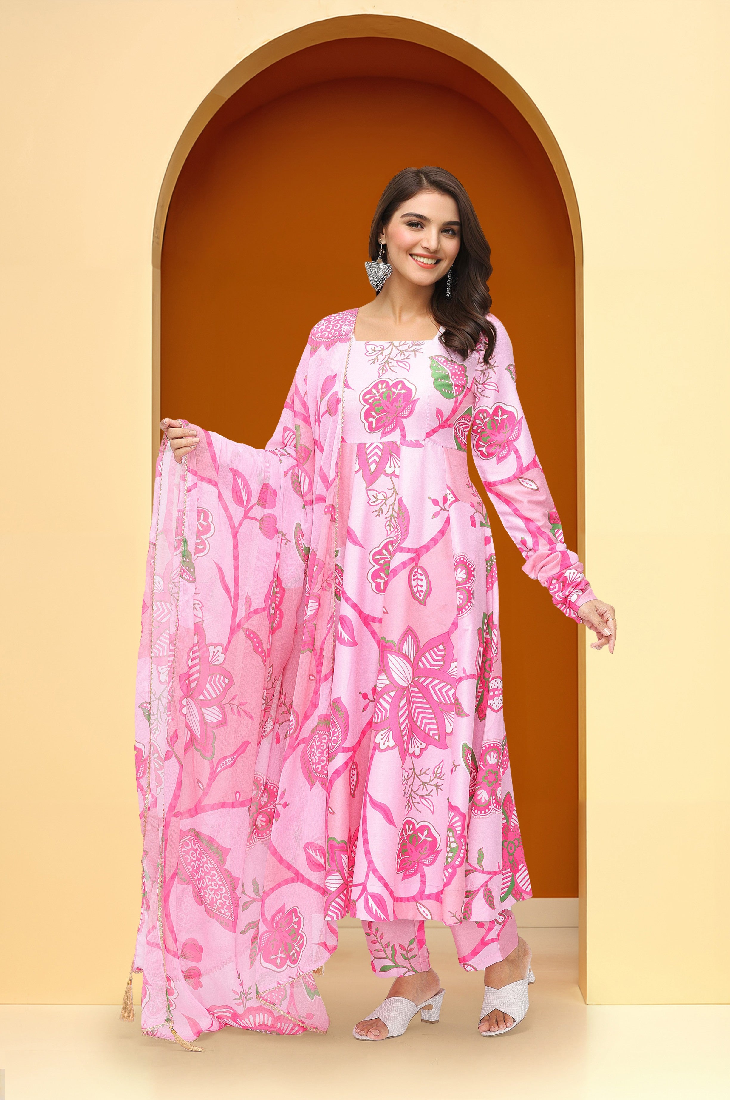 Soft Pink Chinon Floral Printed Fit and Flare Kurta Set with dupatta