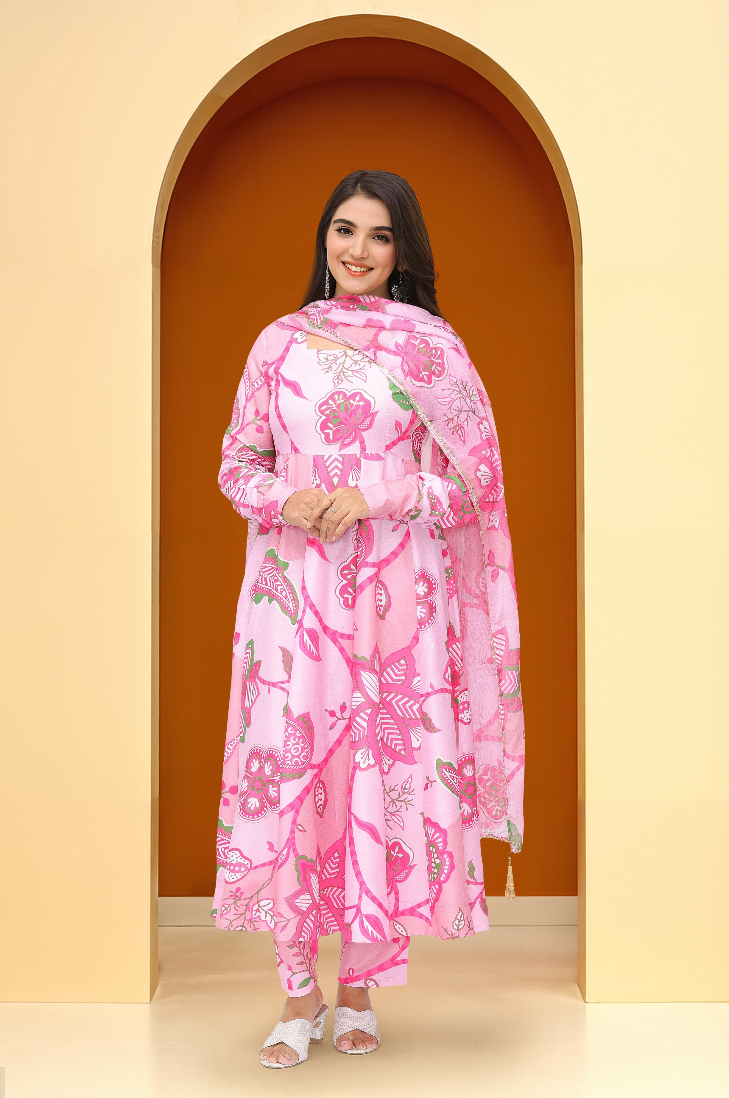 Soft Pink Chinon Floral Printed Fit and Flare Kurta Set with dupatta