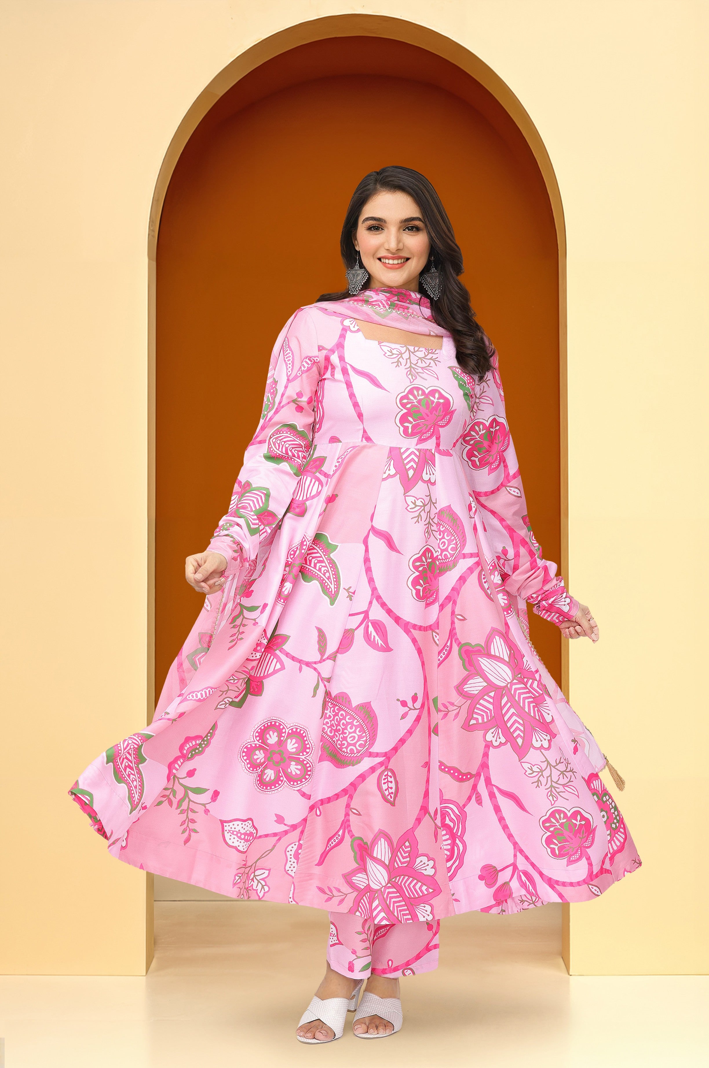 Soft Pink Chinon Floral Printed Fit and Flare Kurta Set with dupatta