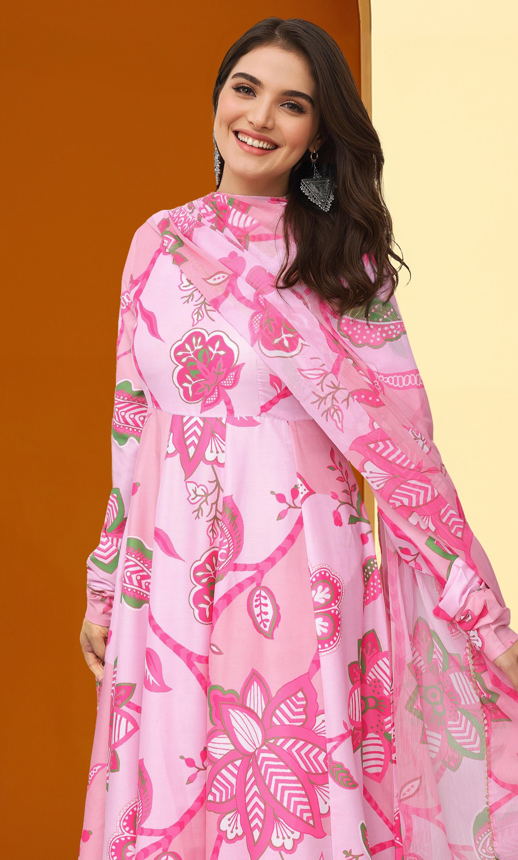 Soft Pink Chinon Floral Printed Fit and Flare Kurta Set with dupatta