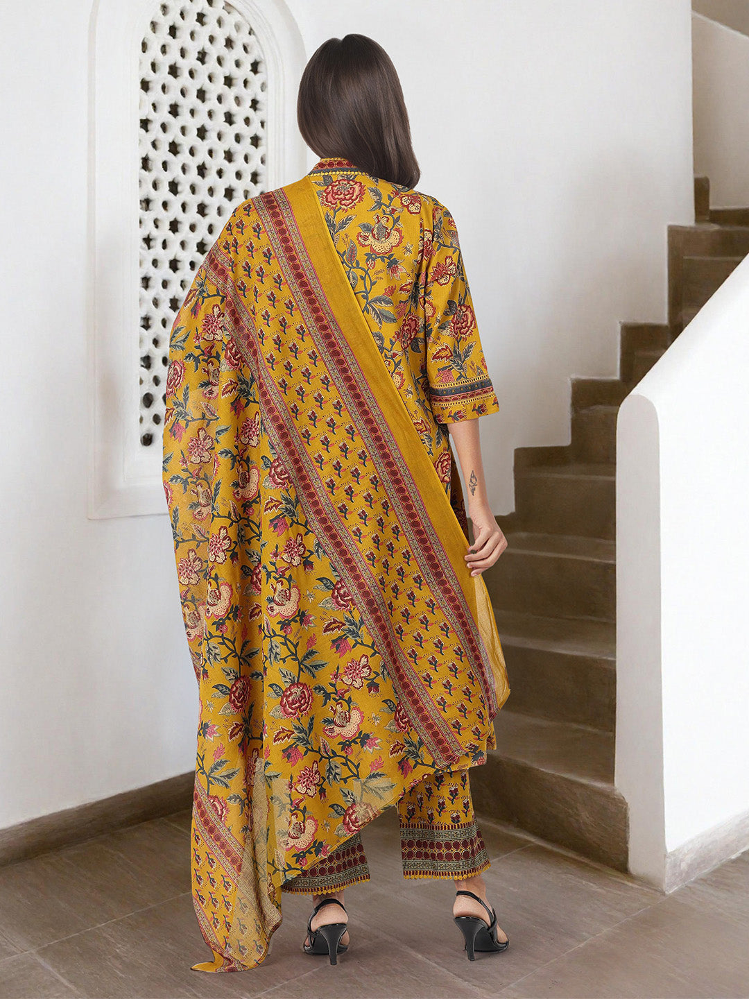 Comfy Mustard  Pure Cotton Floral Print Anarkali fit kurta set with dupatta