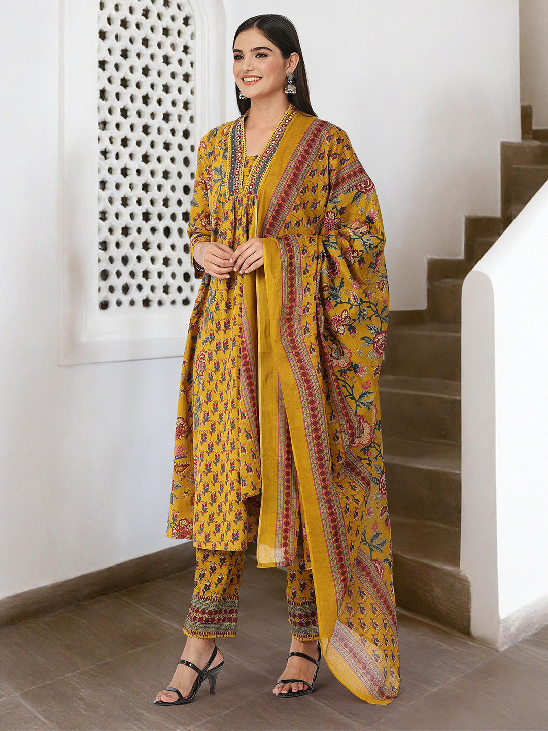 Comfy Mustard  Pure Cotton Floral Print Anarkali fit kurta set with dupatta
