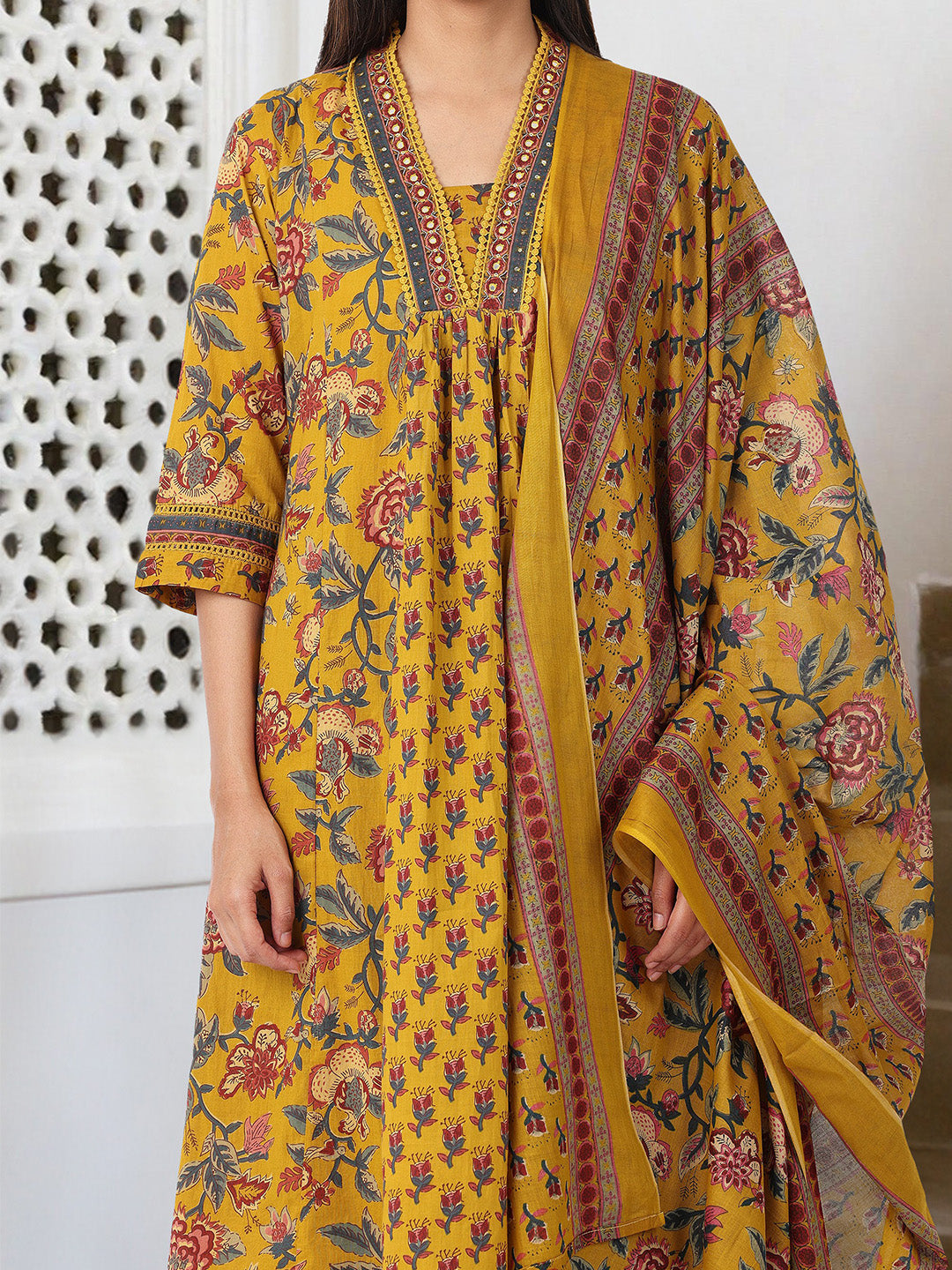 Comfy Mustard  Pure Cotton Floral Print Anarkali fit kurta set with dupatta