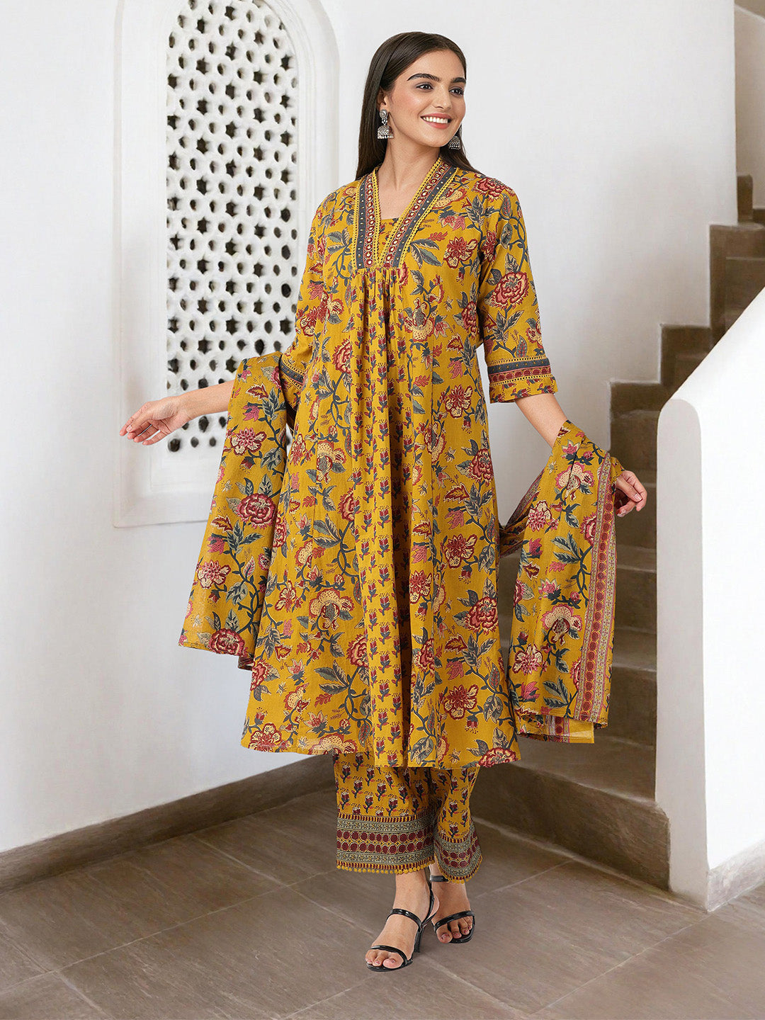 Comfy Mustard  Pure Cotton Floral Print Anarkali fit kurta set with dupatta