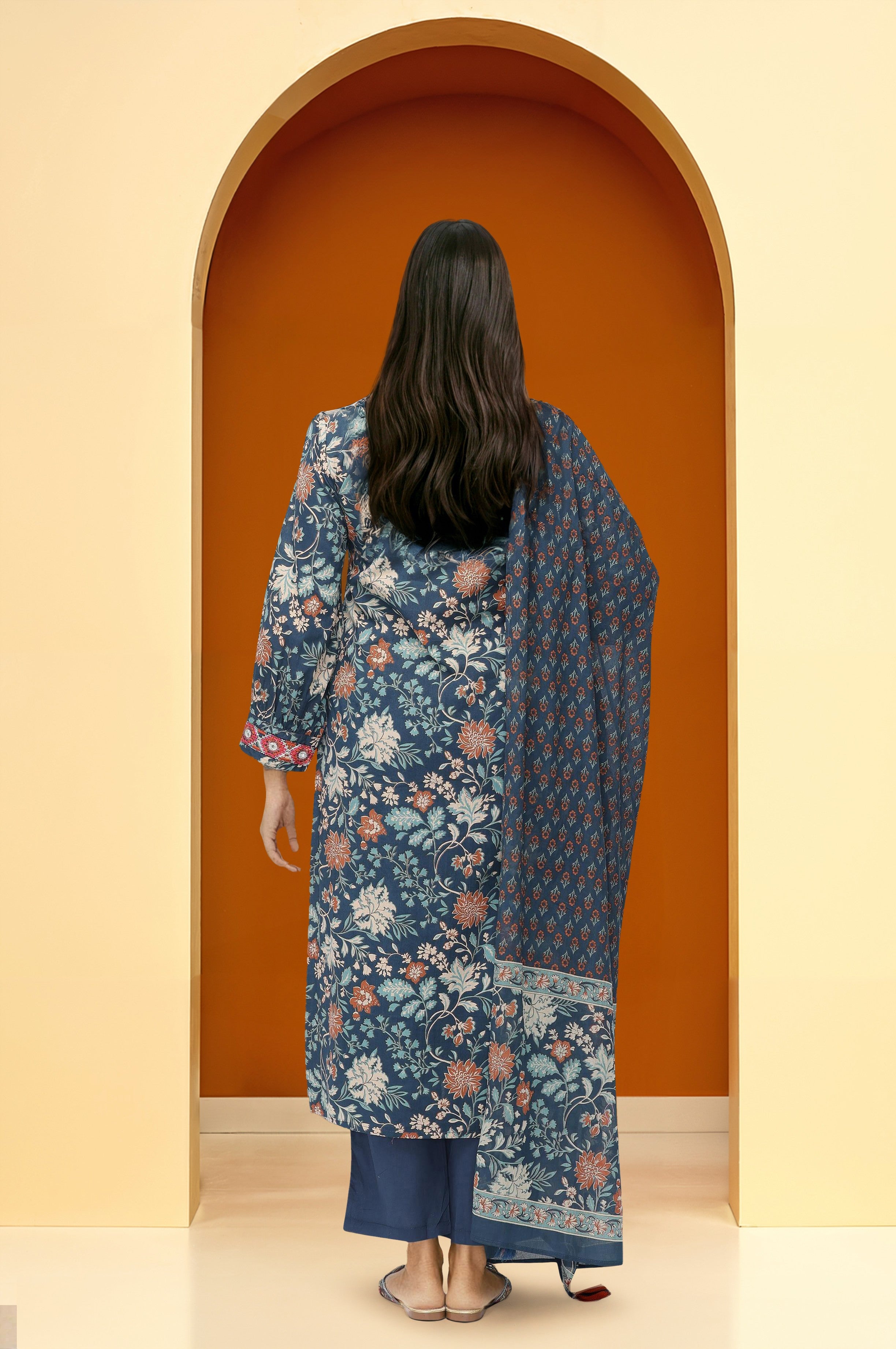 Comfy Navy Blue Cotton Printed Tassel Detailed Straight Fit  Kurta Set with dupatta