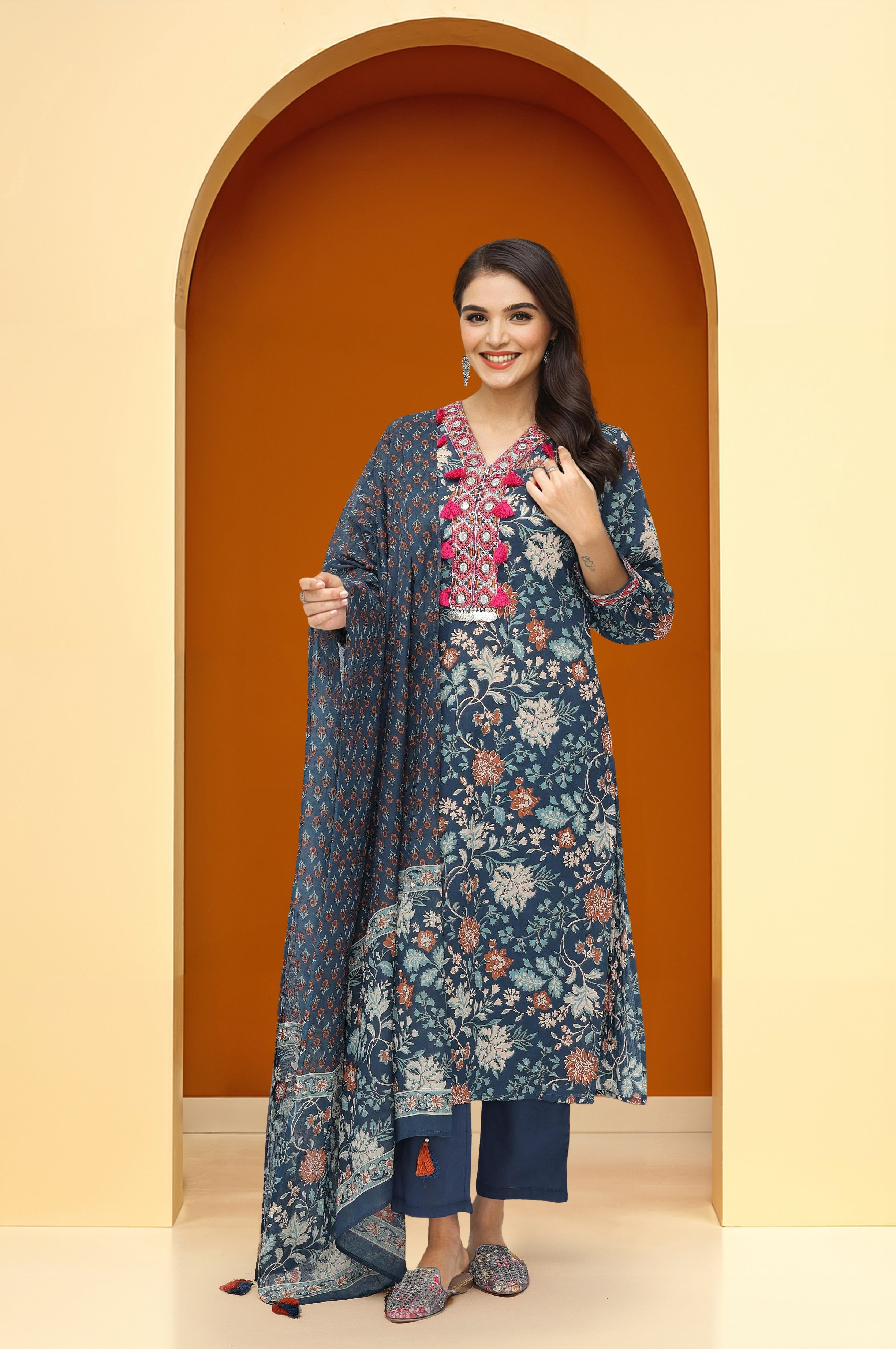 Comfy Navy Blue Cotton Printed Tassel Detailed Straight Fit  Kurta Set with dupatta