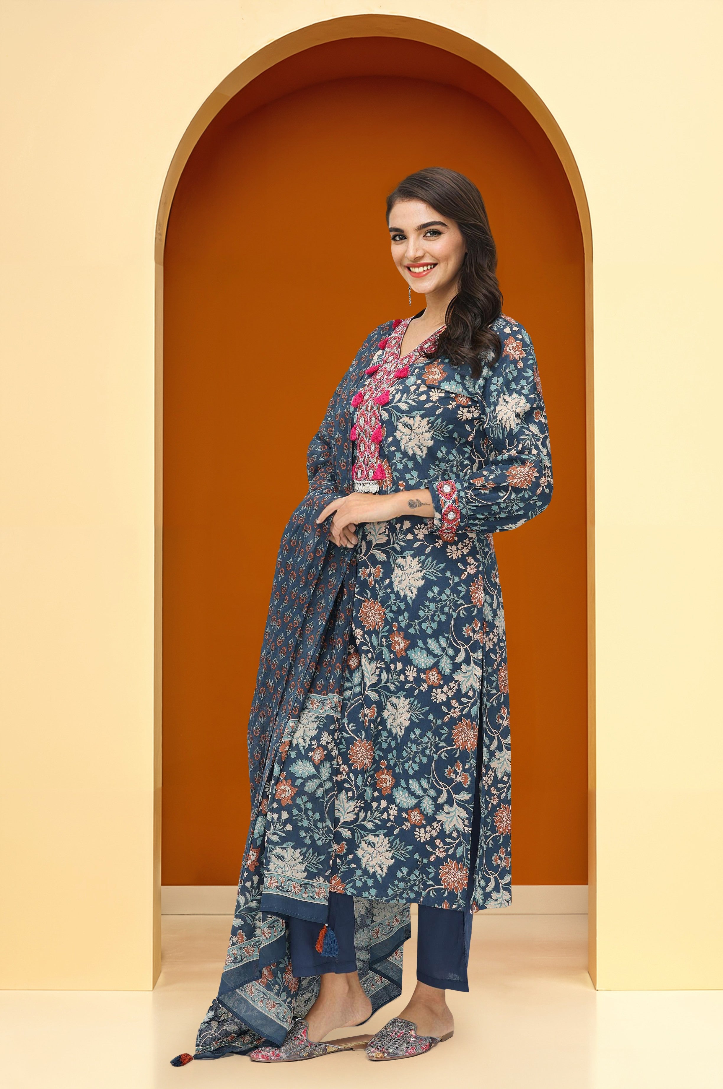 Comfy Navy Blue Cotton Printed Tassel Detailed Straight Fit  Kurta Set with dupatta