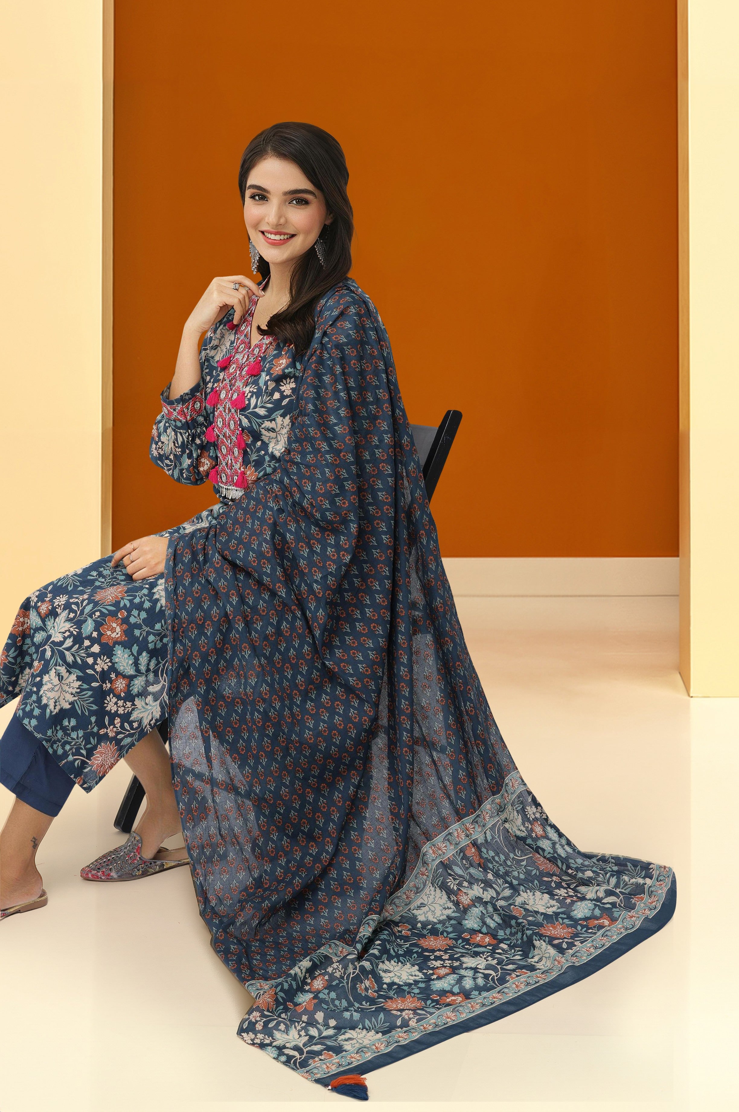 Comfy Navy Blue Cotton Printed Tassel Detailed Straight Fit  Kurta Set with dupatta