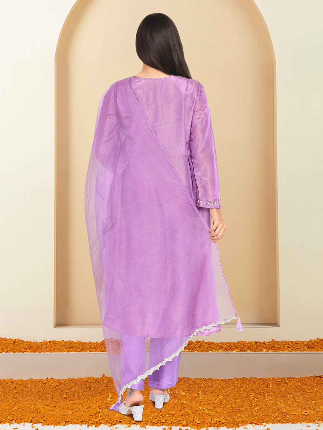 Graceful Purple Shantoon Embroidered Straight Fit Kurta Set with Gota Patti scallop Dupatta
