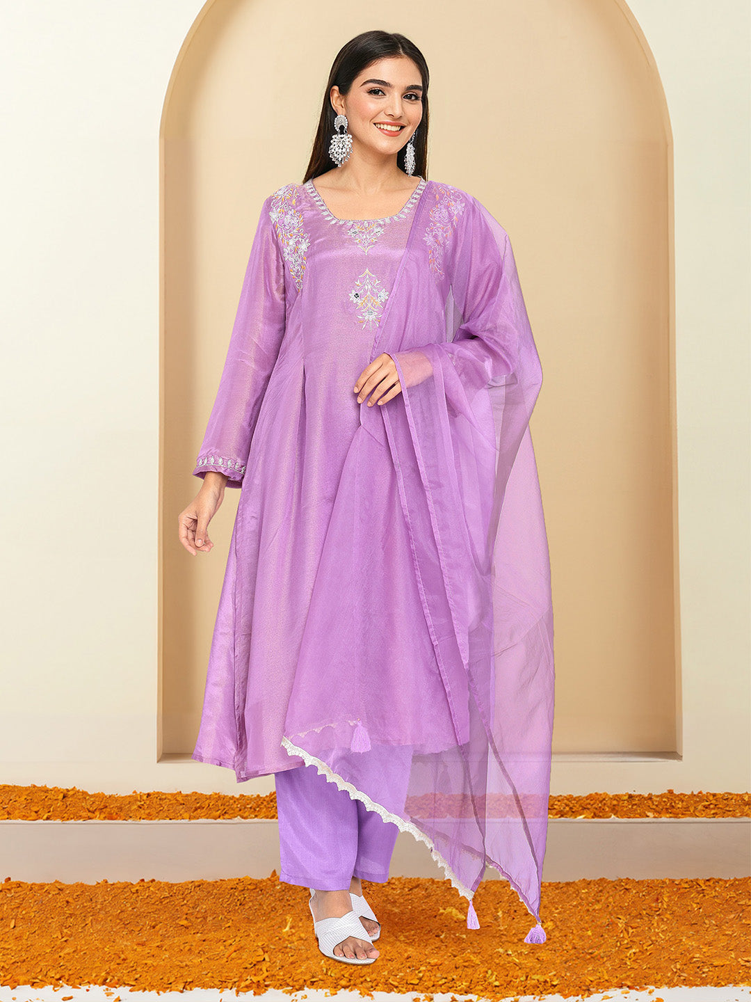 Graceful Purple Shantoon Embroidered Straight Fit Kurta Set with Gota Patti scallop Dupatta