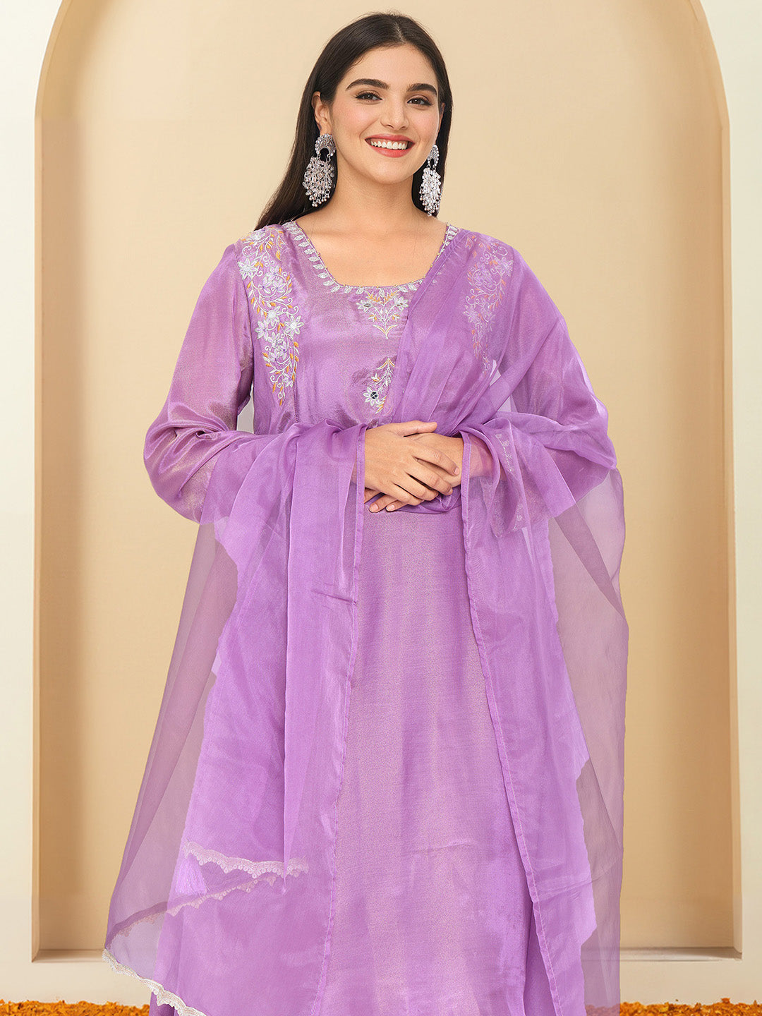 Graceful Purple Shantoon Embroidered Straight Fit Kurta Set with Gota Patti scallop Dupatta