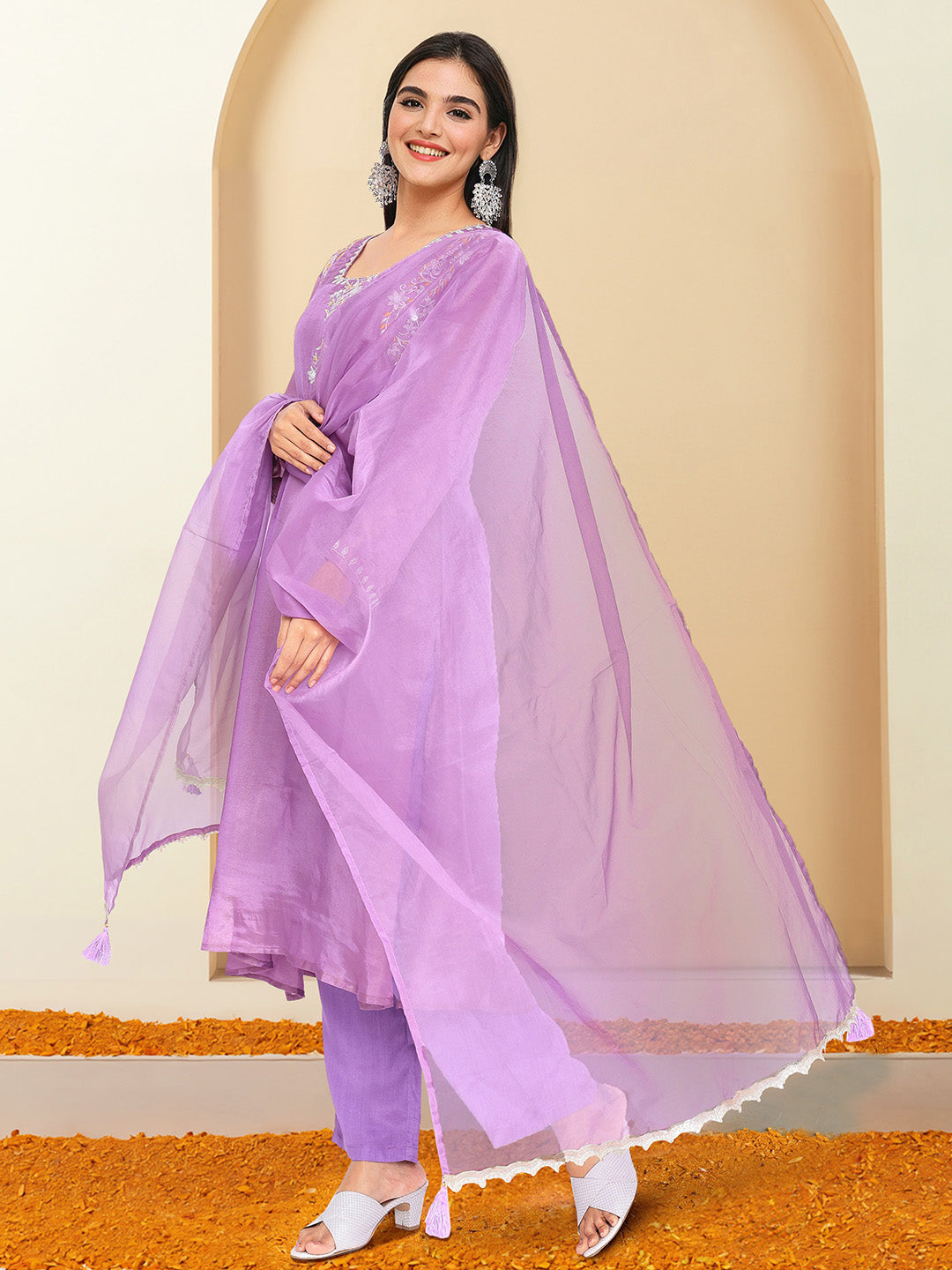 Graceful Purple Shantoon Embroidered Straight Fit Kurta Set with Gota Patti scallop Dupatta