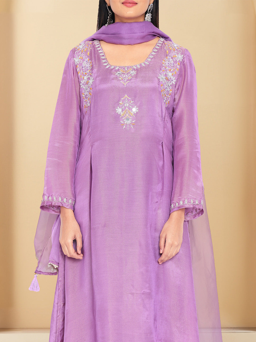 Graceful Purple Shantoon Embroidered Straight Fit Kurta Set with Gota Patti scallop Dupatta
