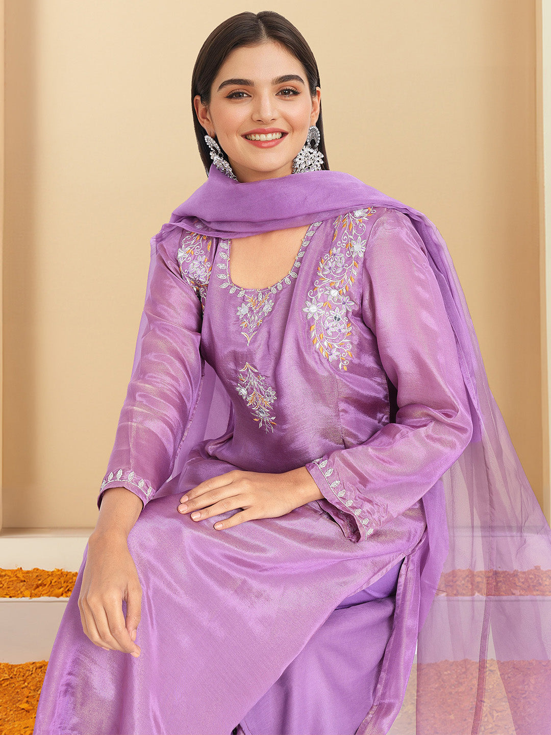 Graceful Purple Shantoon Embroidered Straight Fit Kurta Set with Gota Patti scallop Dupatta