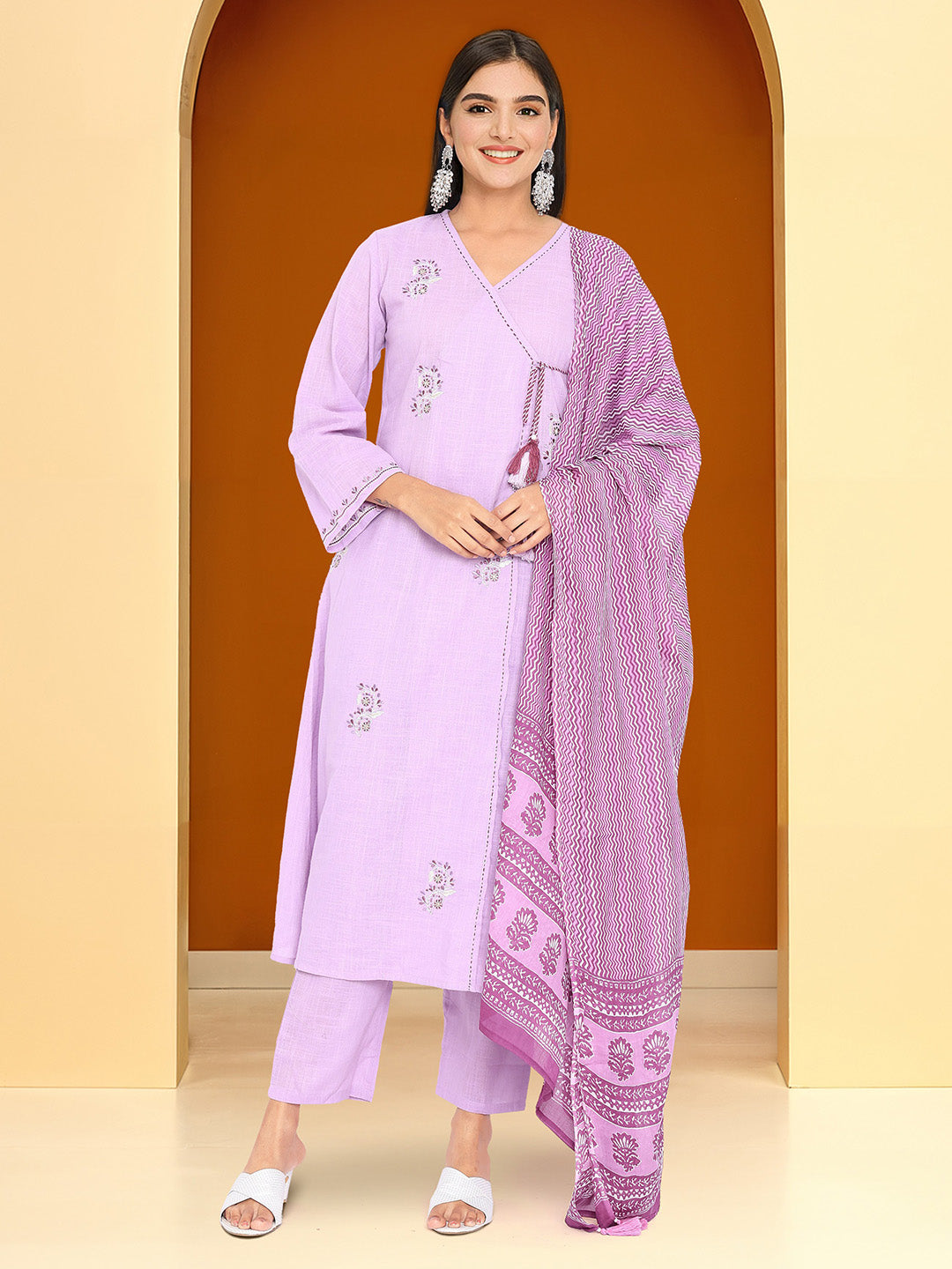Comfy Purple  Cotton Embroidered Angrakha Fit Kurta Set with dupatta