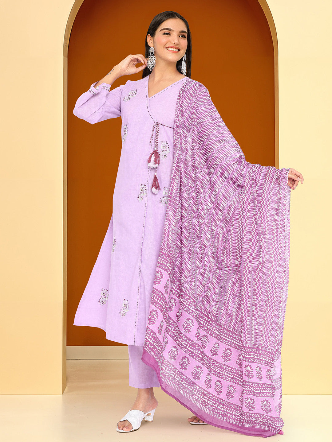 Comfy Purple  Cotton Embroidered Angrakha Fit Kurta Set with dupatta