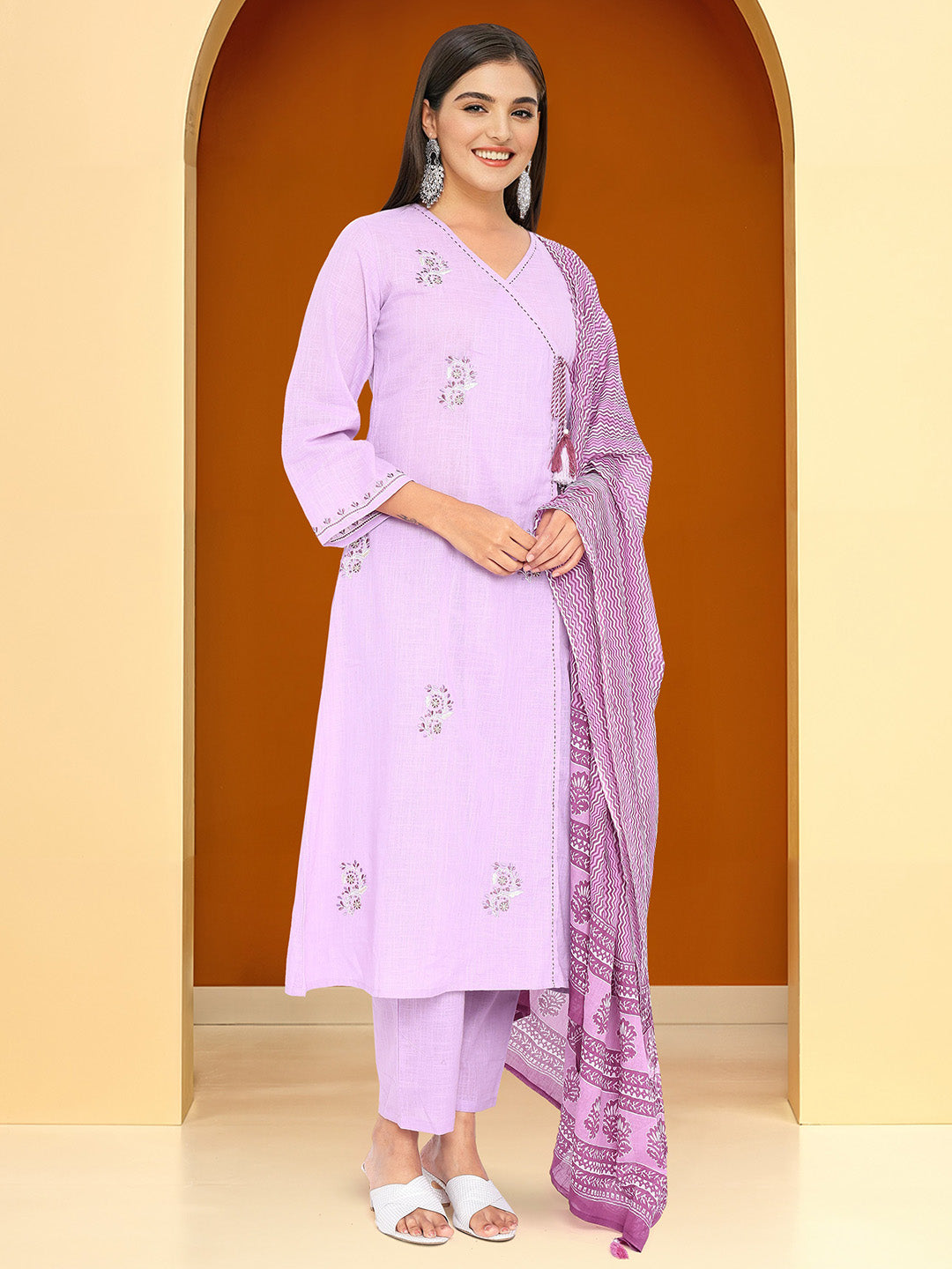 Comfy Purple  Cotton Embroidered Angrakha Fit Kurta Set with dupatta