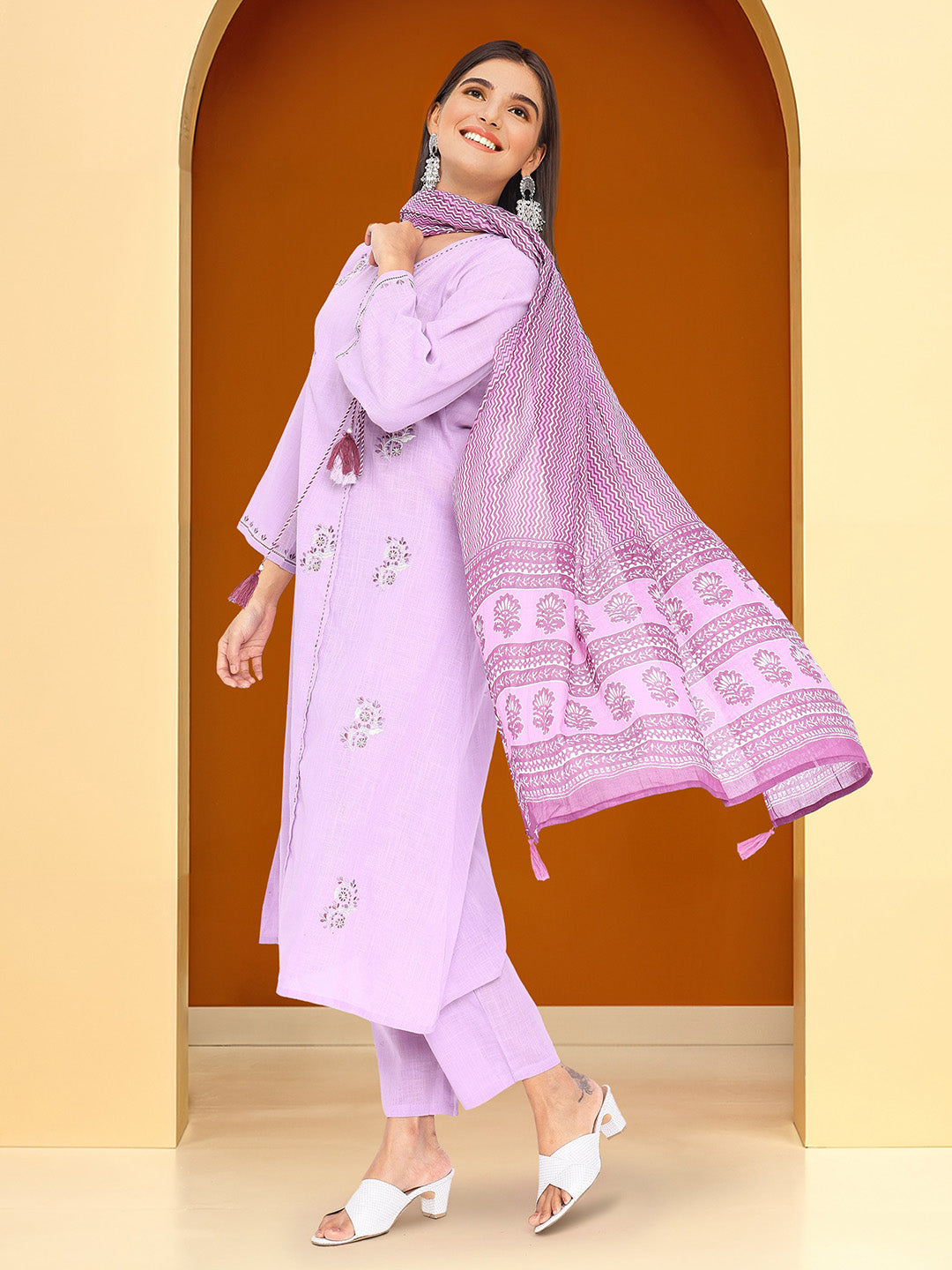 Comfy Purple  Cotton Embroidered Angrakha Fit Kurta Set with dupatta