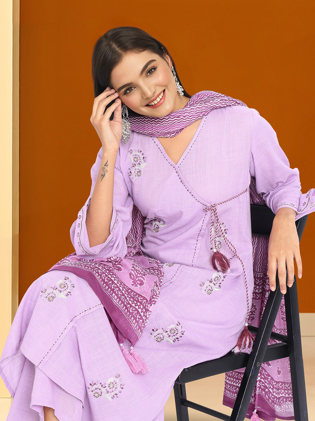 Comfy Purple  Cotton Embroidered Angrakha Fit Kurta Set with dupatta