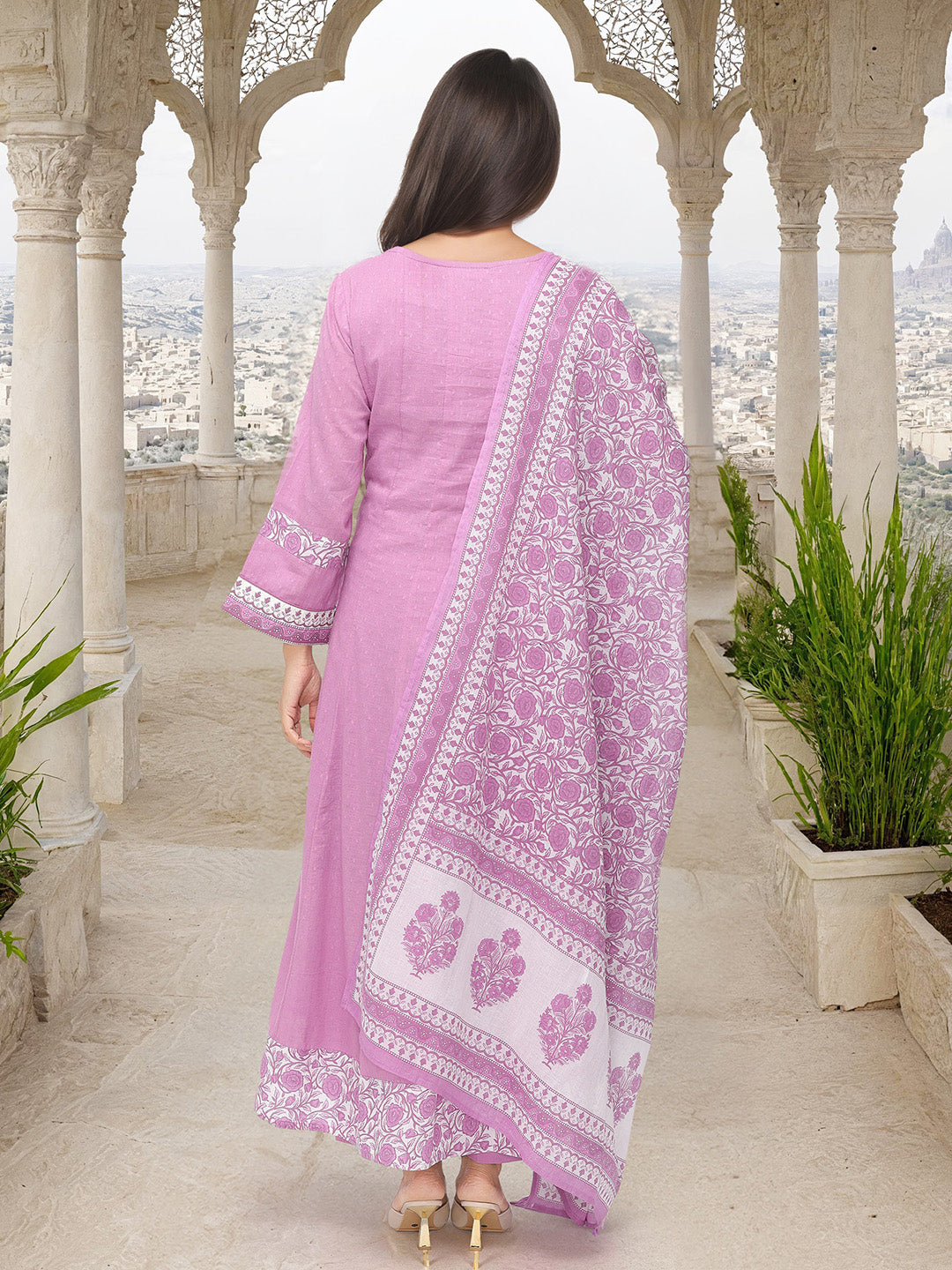 Comfy Purple Cotton Printed A-line Fit Kurta Set with Dupatta