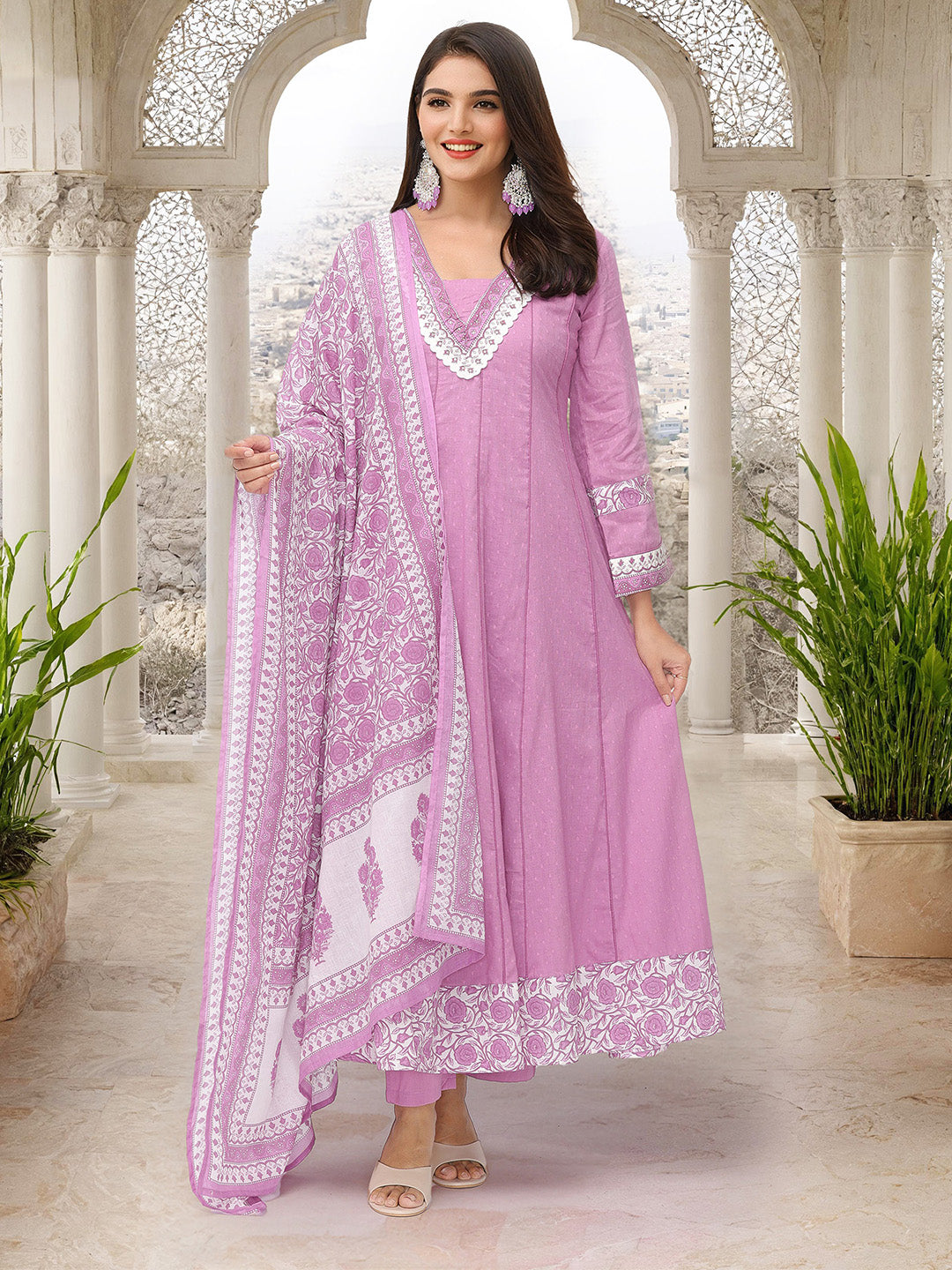 Comfy Purple Cotton Printed A-line Fit Kurta Set with Dupatta