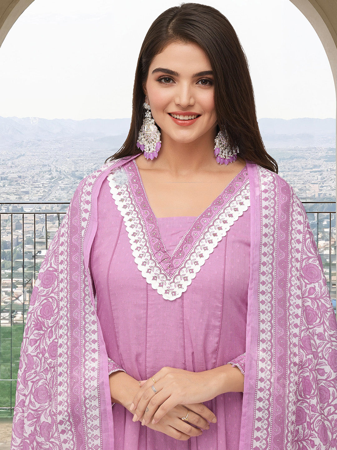 Comfy Purple Cotton Printed A-line Fit Kurta Set with Dupatta
