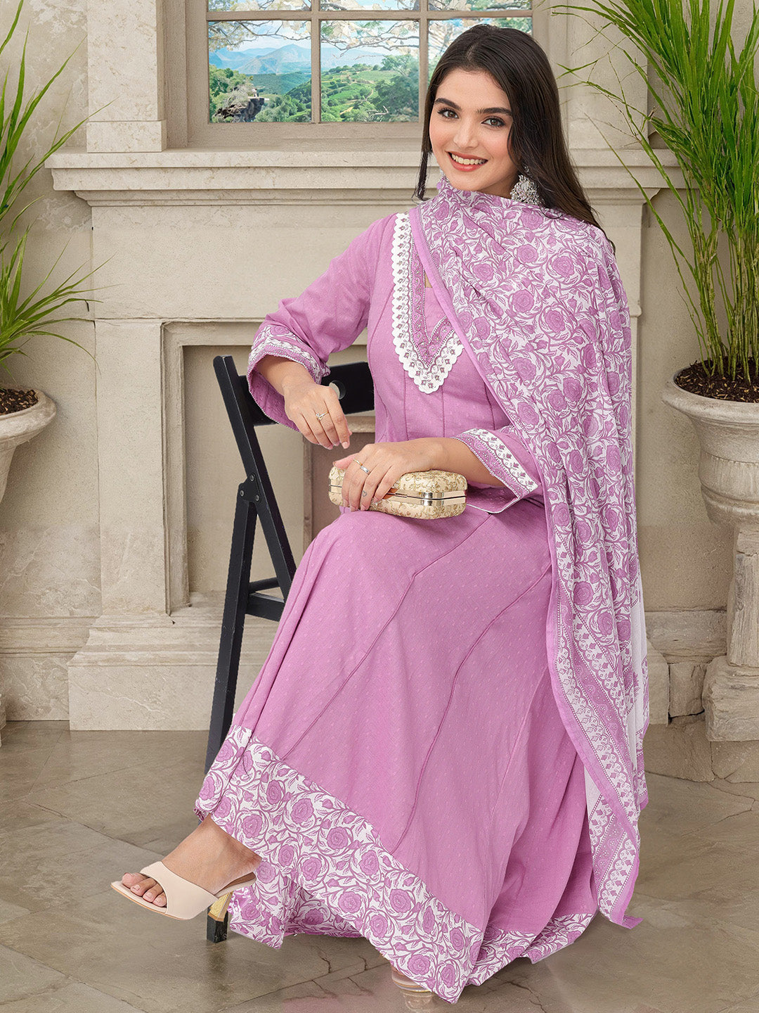 Comfy Purple Cotton Printed A-line Fit Kurta Set with Dupatta