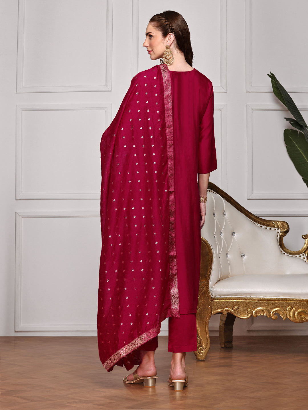 Ethnic Motifs Embroidered  Straight Kurta With Trousers & Dupatta