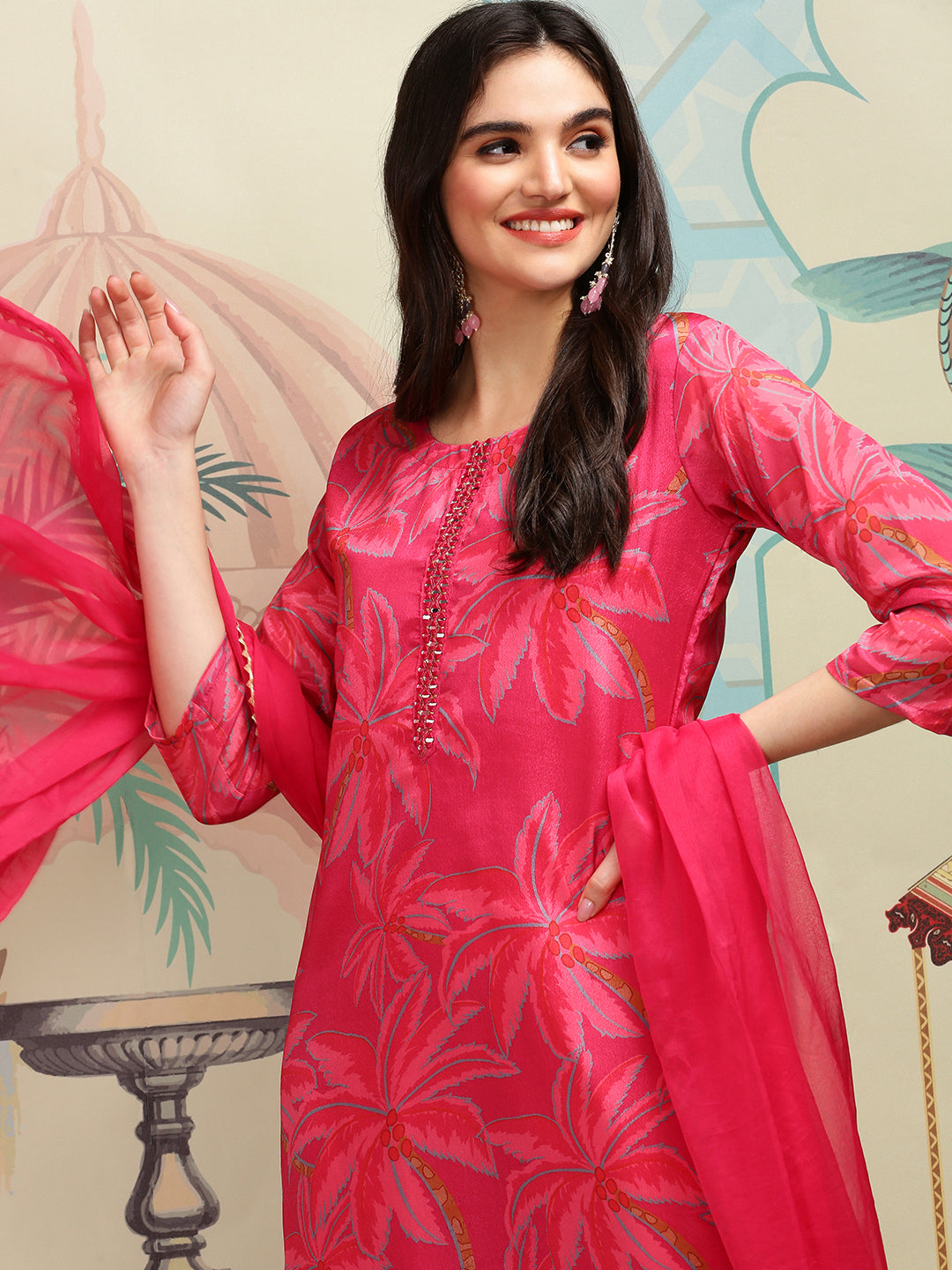 Comfy Pink Chinon Mirror Work Kurta Set With Straight Bottom And Floral Printed Chiffon Dupatta