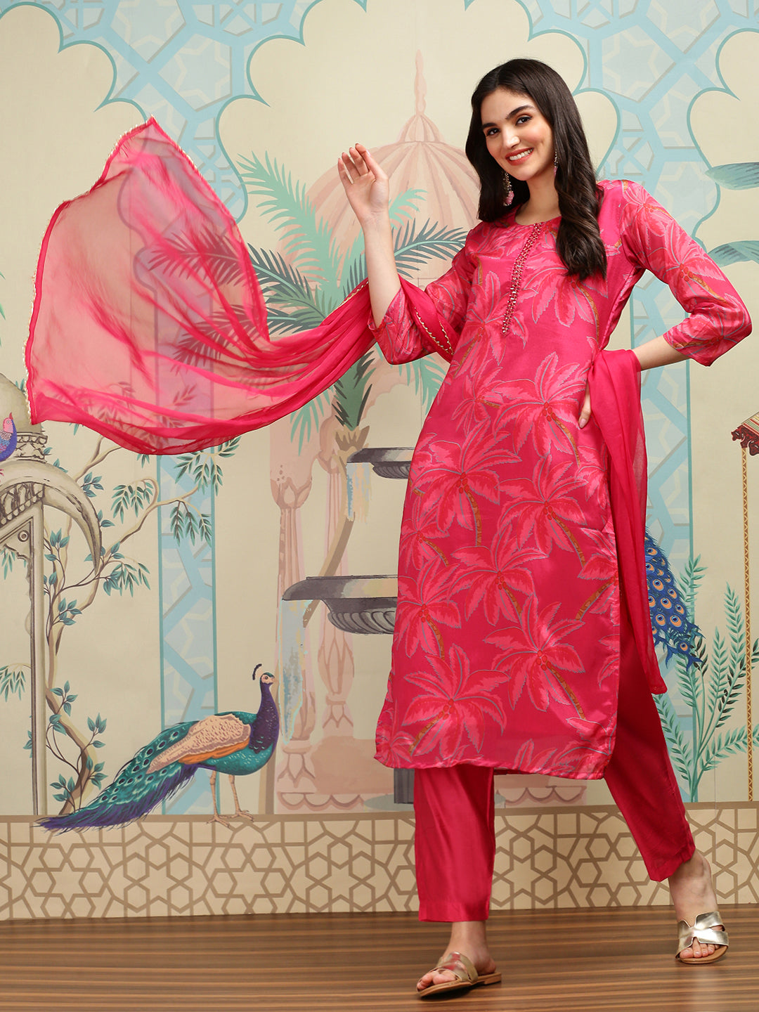 Comfy Pink Chinon Mirror Work Kurta Set With Straight Bottom And Floral Printed Chiffon Dupatta