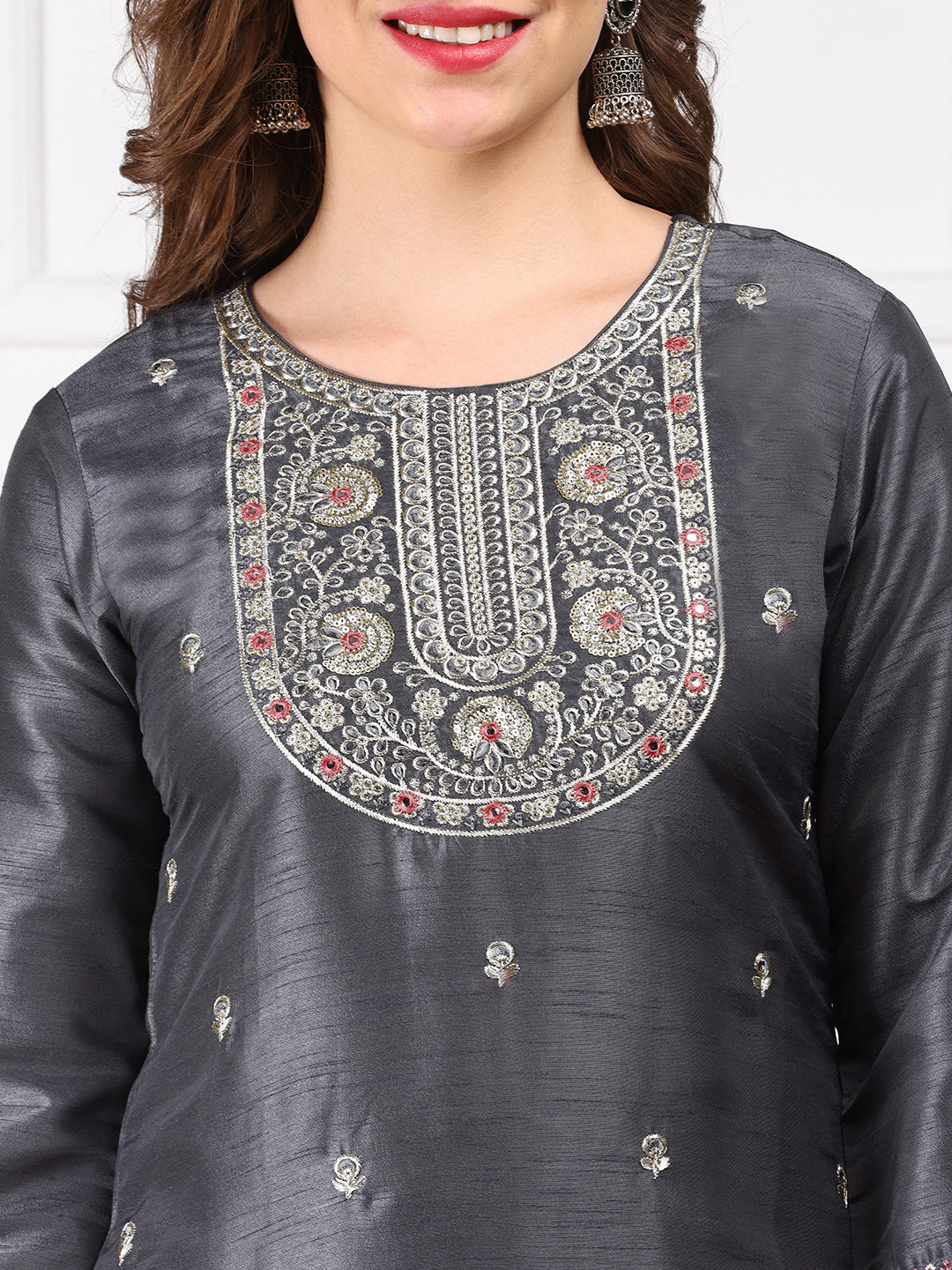 Ethnic Motifs Embroidered Straight Thread Work Kurta with Trousers & Dupatta