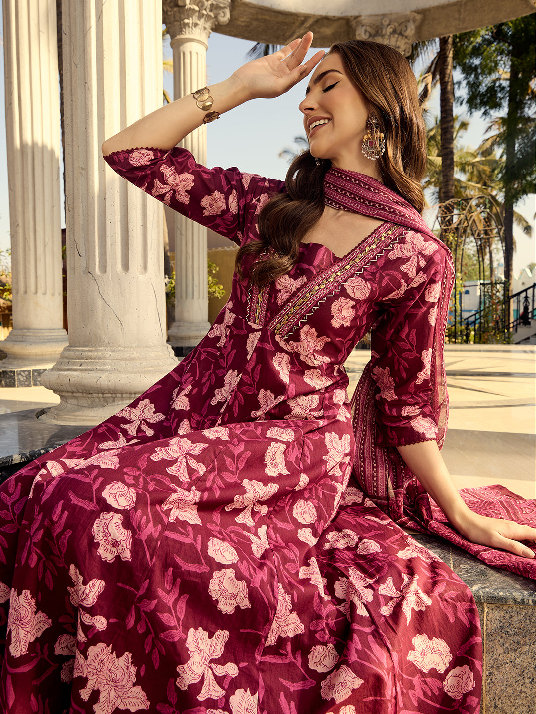 BUY ISHIN Women Cotton Embellished Floral Printed A-line Kurta With Trouser  & Dupatta