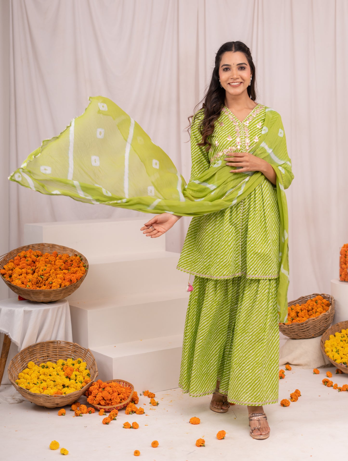 Leheriya Cotton A-line Side Tie-Up Kurta with Sharara & Tie and Dye Dupatta