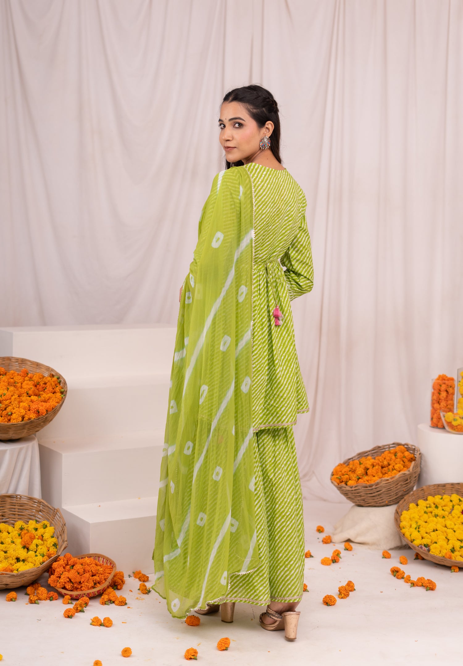 Leheriya Cotton A-line Side Tie-Up Kurta with Sharara & Tie and Dye Dupatta