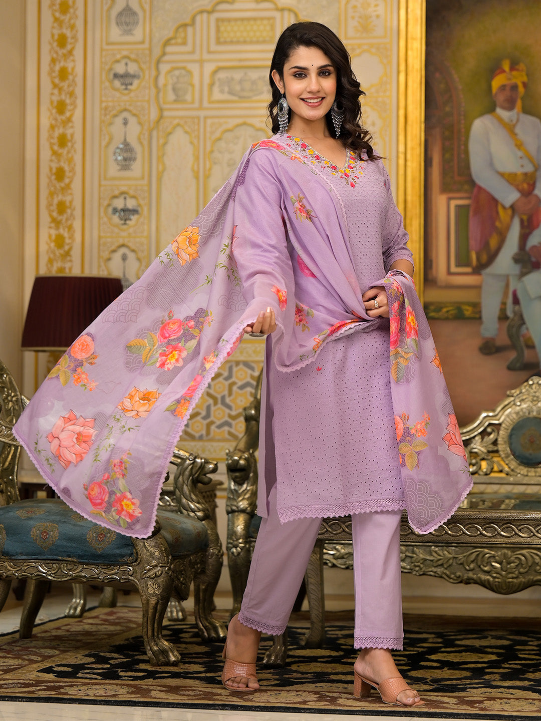 Zari Threadwork Schiffli Cotton Kurta with Trouser & Lace bordered Dupatta