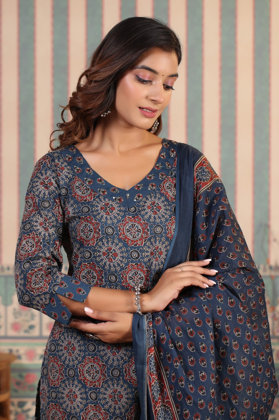 Comfy Blue Cotton Ajrakh Print Kurta Set With Straight Bottom And Printed Dupatta