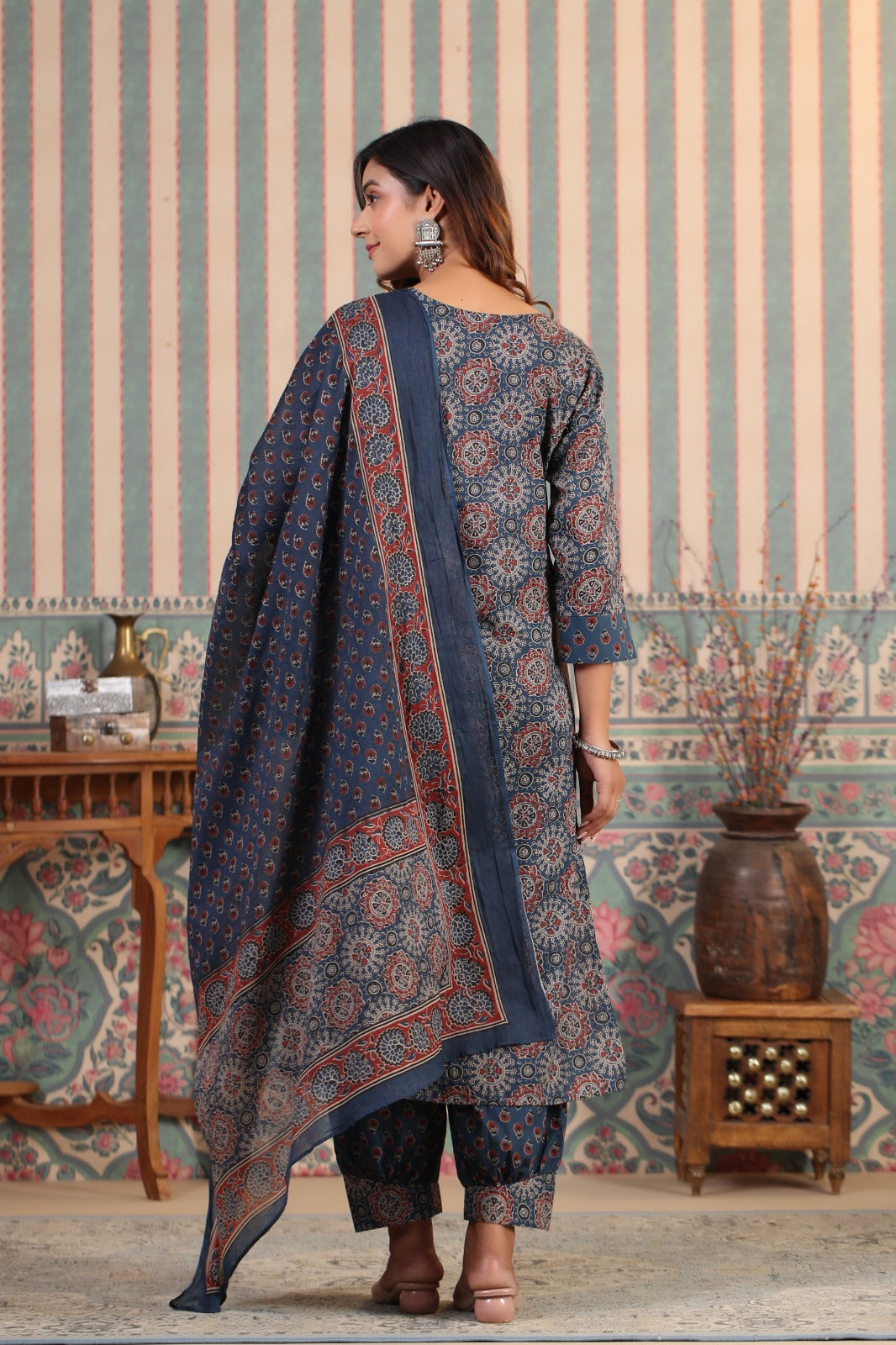 Comfy Blue Cotton Ajrakh Print Kurta Set With Straight Bottom And Printed Dupatta
