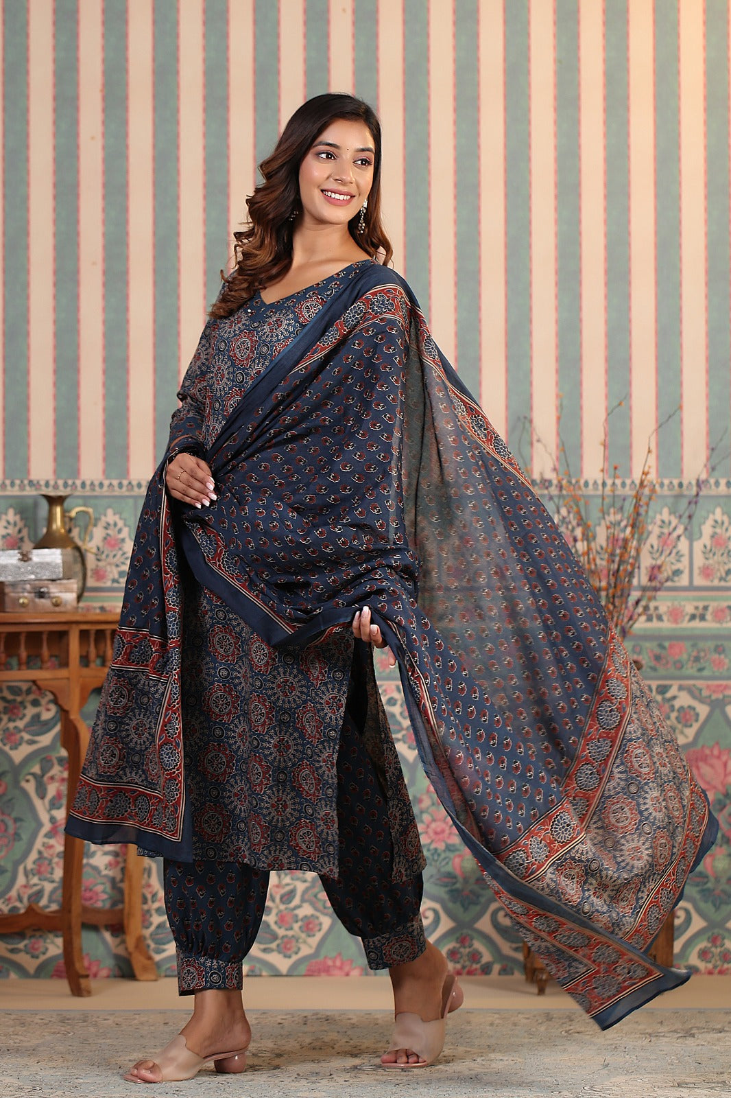 Comfy Blue Cotton Ajrakh Print Kurta Set With Straight Bottom And Printed Dupatta