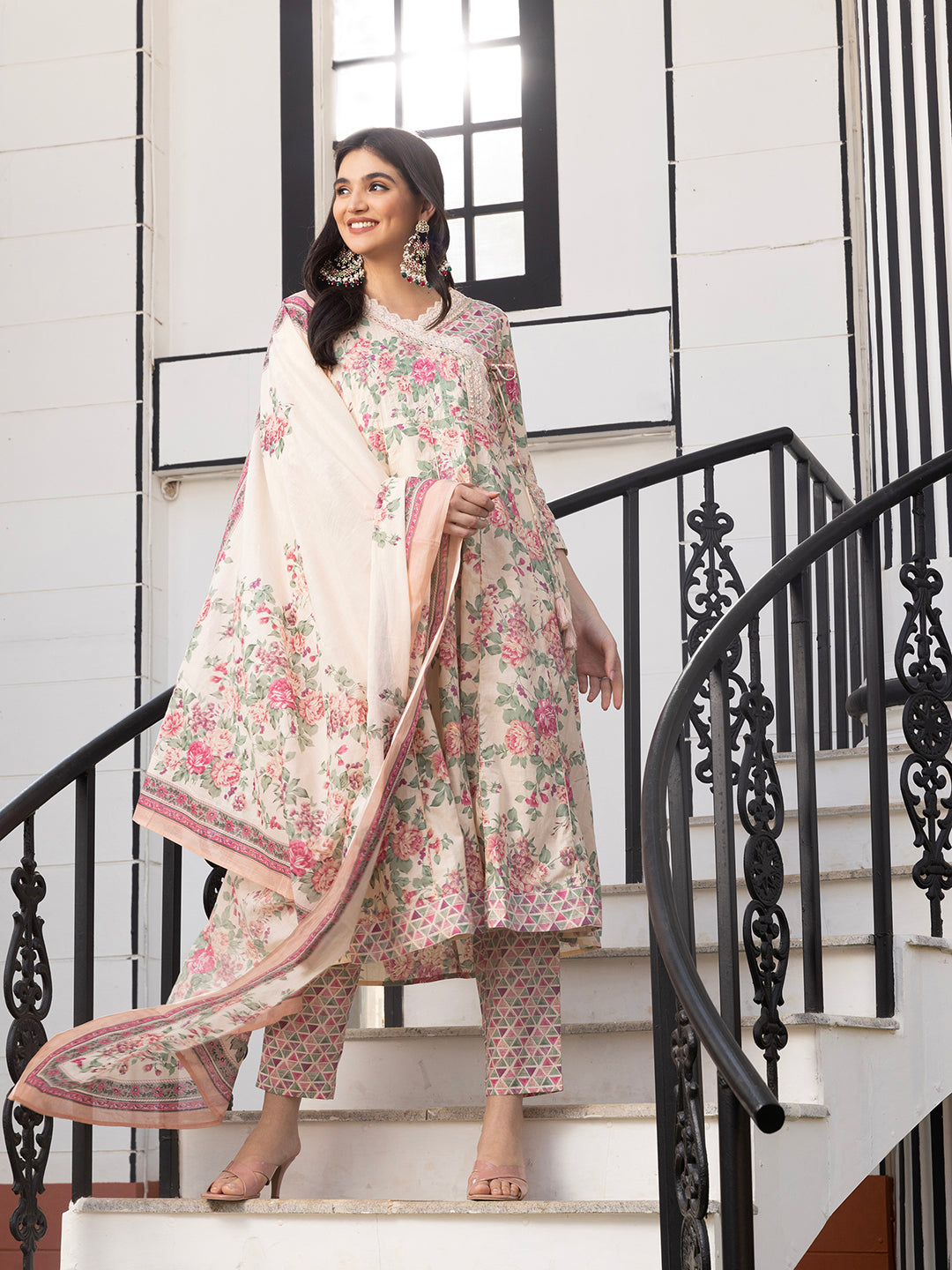 Soft Cotton Cream Floral Printed Anarkali Kurta With Cotton Printed Dupatta & Straight Bottom
