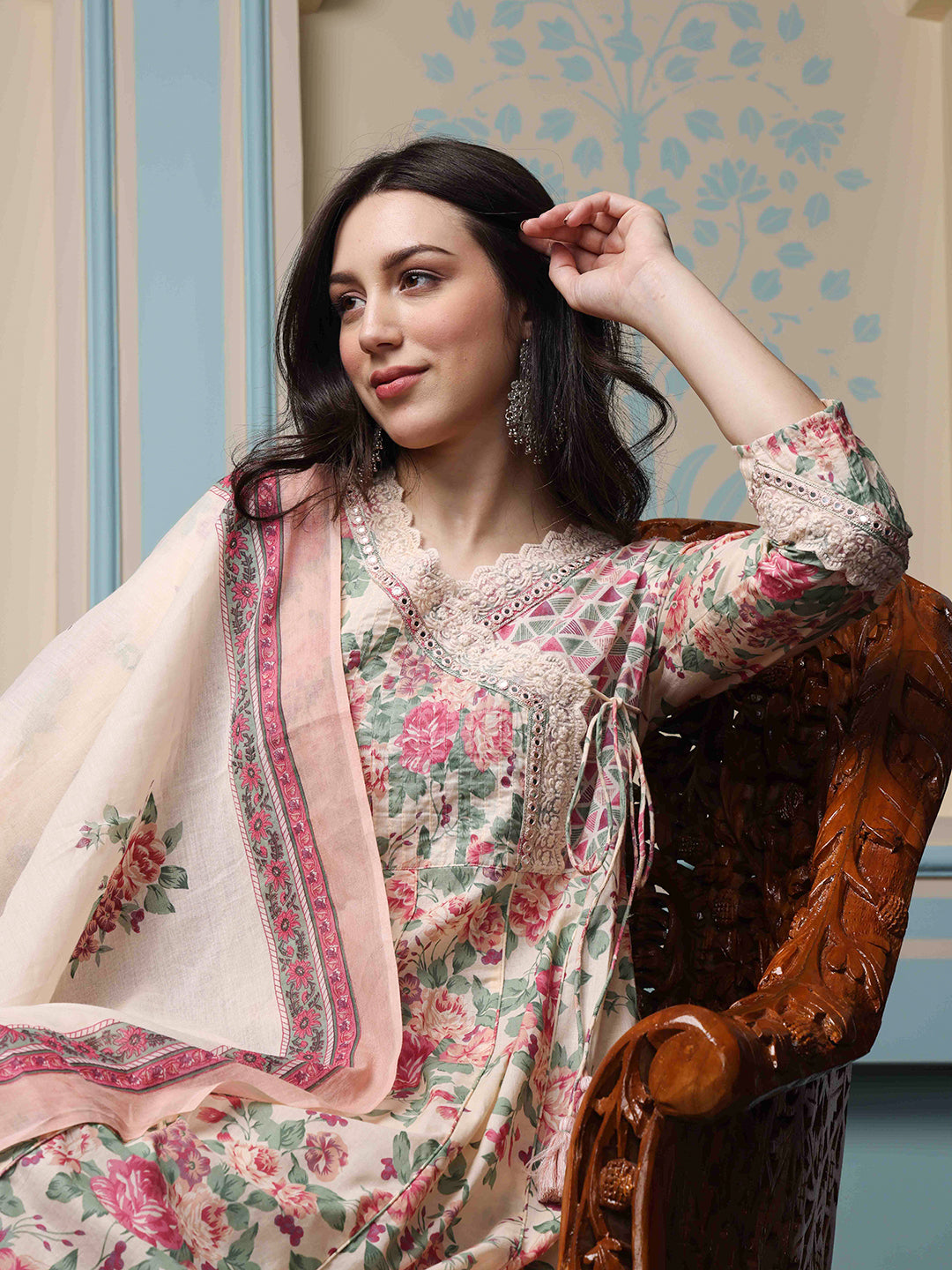 Soft Cotton Cream Floral Printed Anarkali Kurta With Cotton Printed Dupatta & Straight Bottom