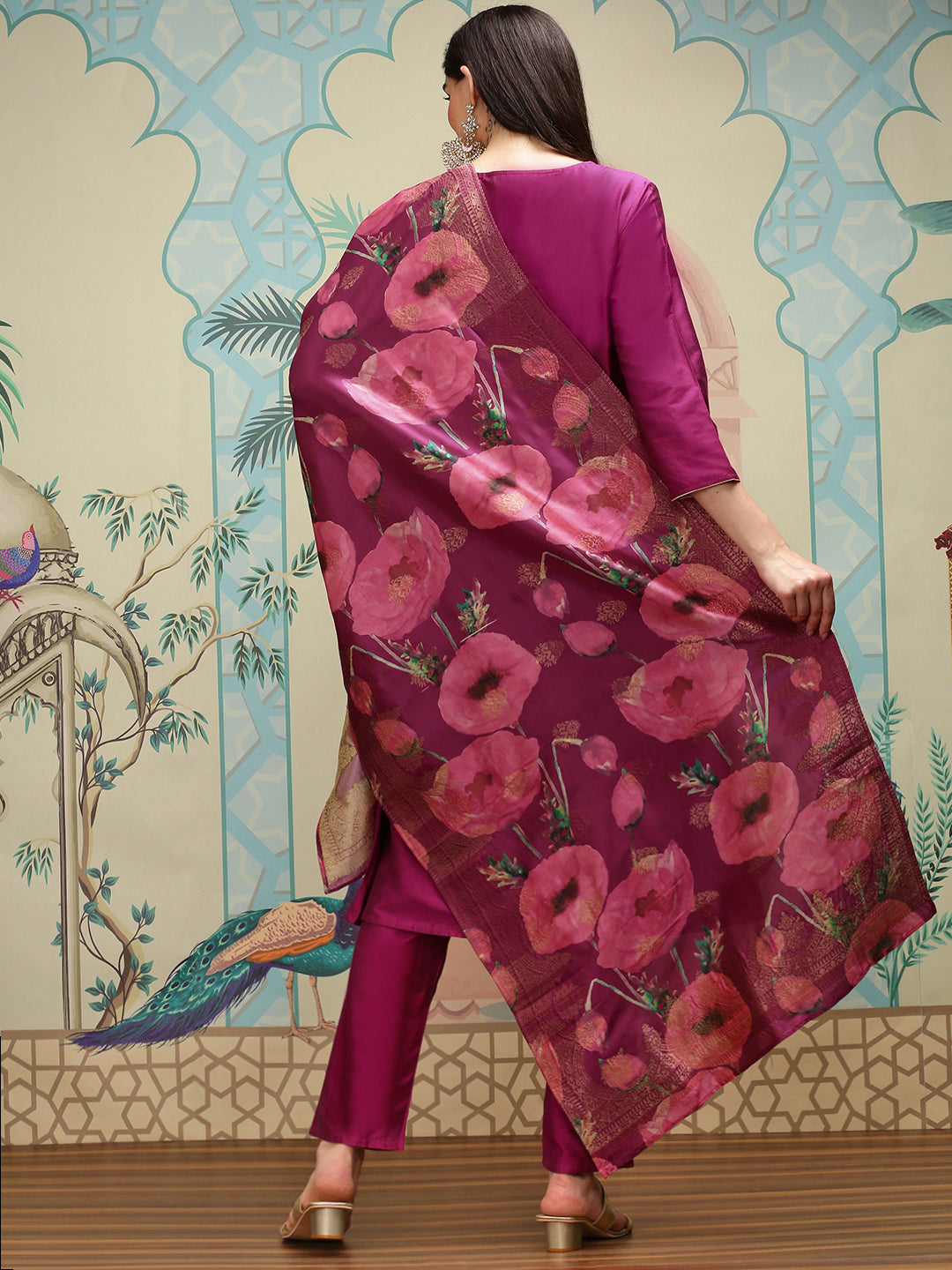 Silk Crepe Purple Kurta Set With Straight Bottom And Flowy Silk Crepe Floral Printed Dupatta