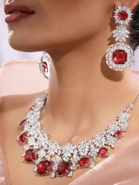 Ishin Red  Colour Silver Plated American Diamond Jewellery Set
