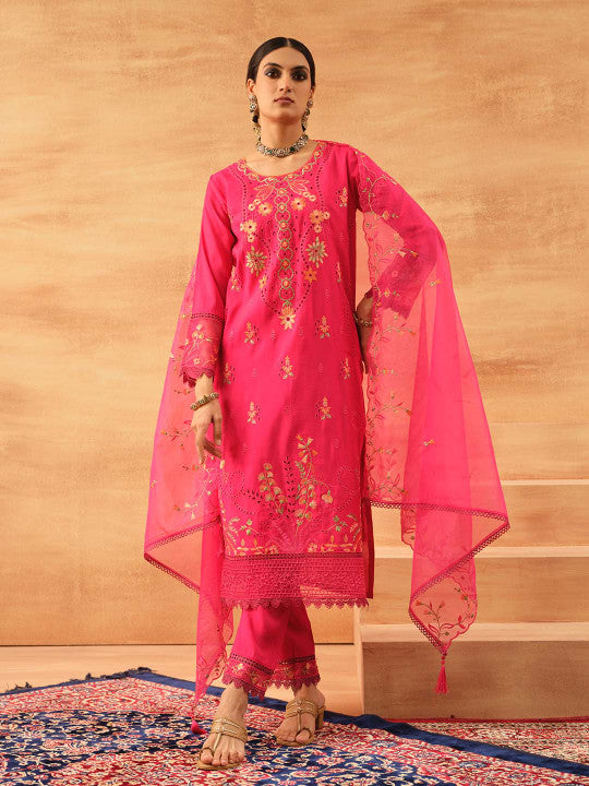 Ishin Women Pink Roman Silk 3Pcs Kurta Set