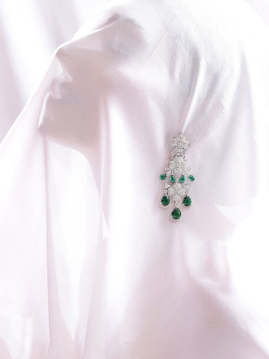 Ishin Green Colour Silver Plated American Diamond Drop Earring