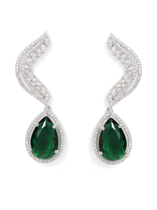 Ishin Green Colour Silver Plated American Diamond Drop Earring