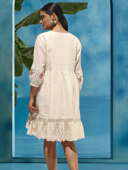 Comfy Offwhite Cotton Shiffly Fit And Flare Dress